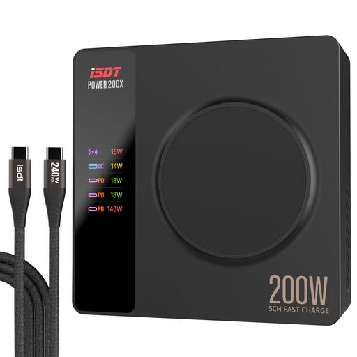 ISDTPOWER200XPD急速充電器USBTYPE-C200W4ポート+1ワイヤレス充電(各チャンネル最大140W)ACアダプターLCDスクリーン表示可視化されたOUPTUTパワーAPPコントロール2X240WTYPE-C