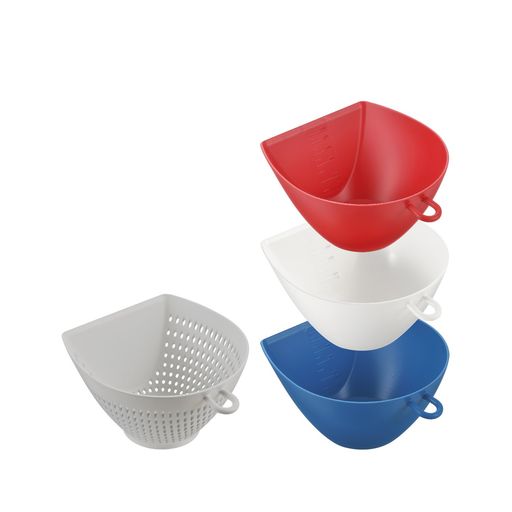 曙産業ザル1個ボウル3個セットトリコロール日本製まな板の上で切った食材をサッとすくってこぼさず移動流水にさらしても食材があふれない目盛付き引っ掛けフック付き電子レンジ対応…