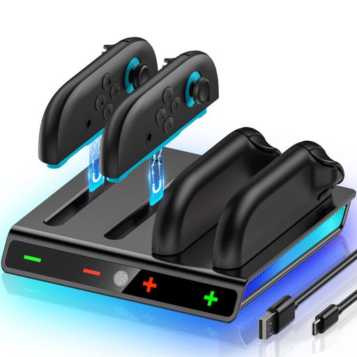 Switch2JoyCon充電スタンド最大4台同時2時間急速マグネット式充電器RGBライトモード搭載滑り止め付きスタンド安全保護機能付きドックUSB-Cケーブル付きブラック