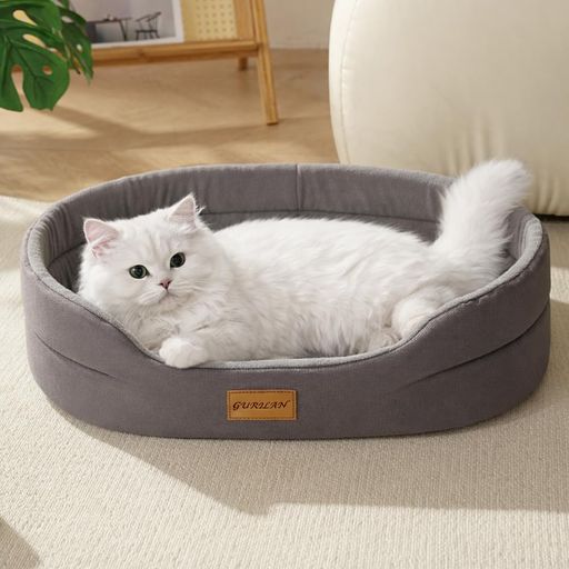 猫窝ペットベッドクッション付きリバーシブル(シェルパフリース/オックスフォード)水洗い可室内用寝床冬夏兼用滑り止めグレー【サイズ:M(長さ50cmx幅35cmx高さ12cm)】