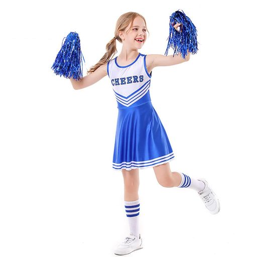 [LOLANTA]キッズダンス衣装チアガール女の子ヒップホップ子供服ガールズワンピースポンポン靴下3点セットブルー150