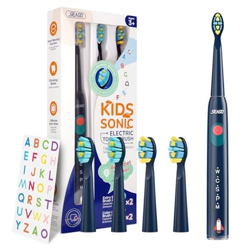 SEAGO電動歯ブラシ子供音波歯ブラシ替えブラシ4本ステッカーUSB充電式タイマー充電リマインダー5つのモードメモリー機能IPX7防水3歳以上の子供向け(ブルー)