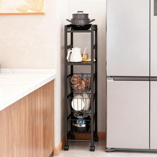 キッチンワゴン収納カート5段クッキング収納引き出しバスケットラック隙間収納スライド式移動式キャス..