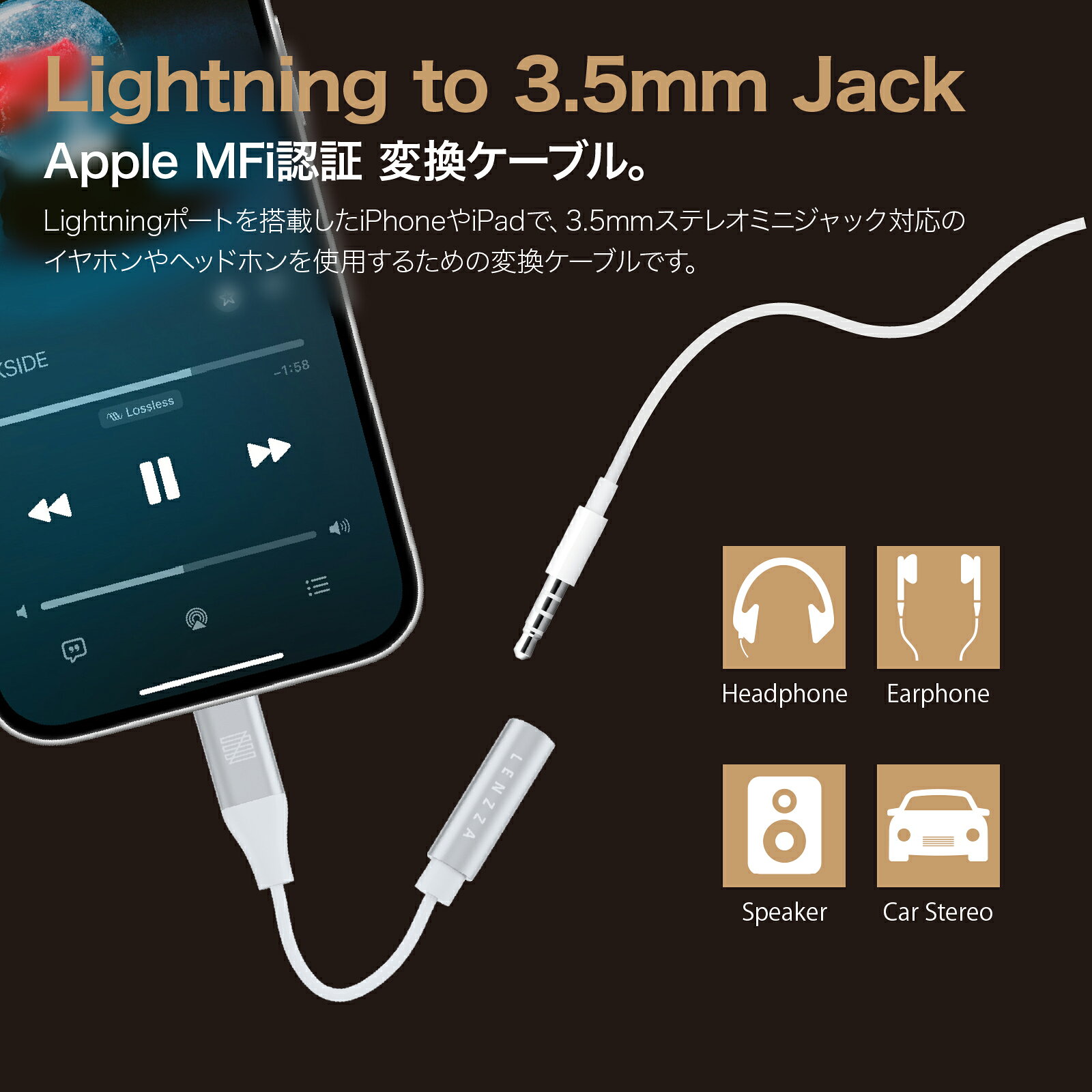 LENZZA (レンツァ)【Apple MFi認証品】 Lightning - 3.5mm オーディオアダプター ...