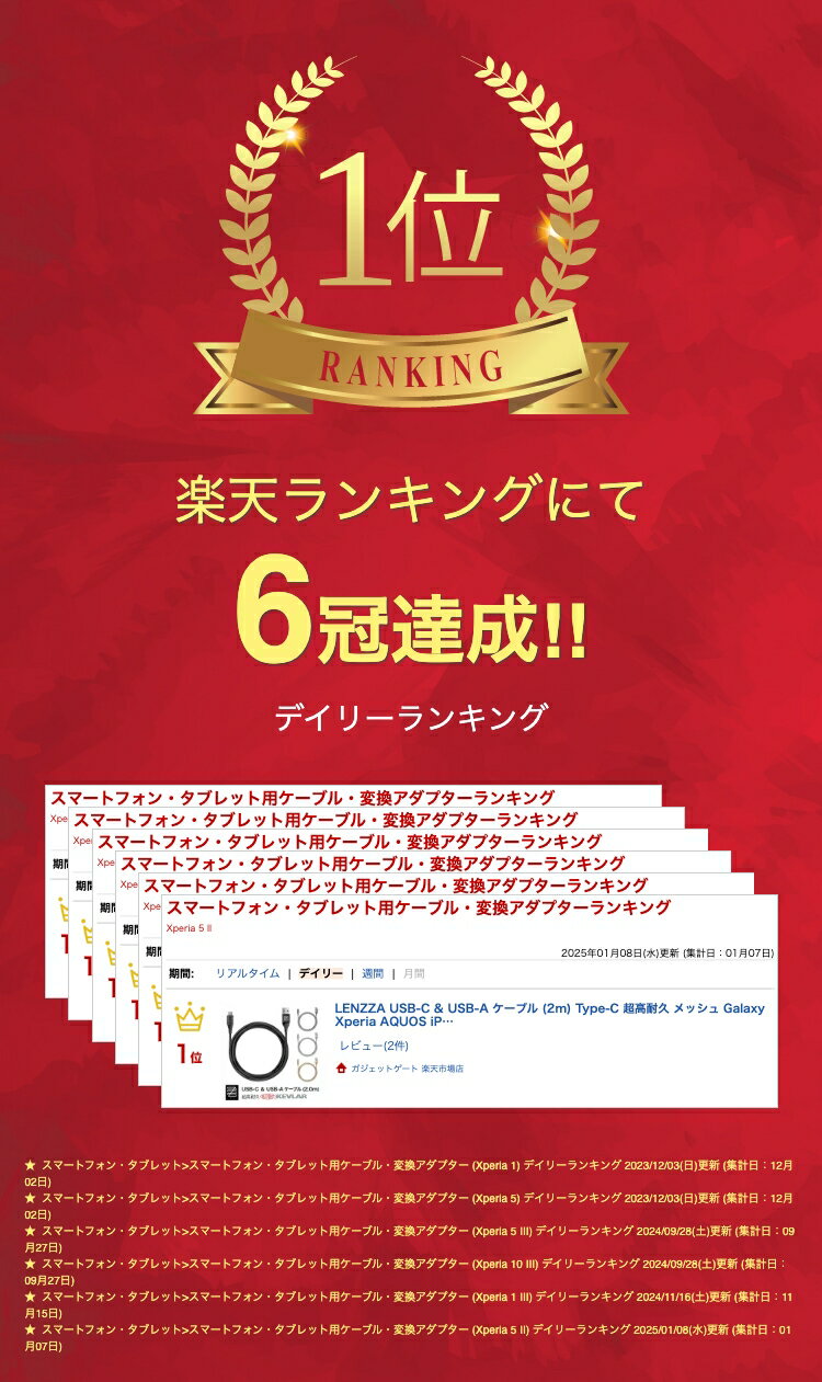 LENZZA USB-C & USB-A ケーブル (2m) Type-C 超高耐久 メッシュ Galaxy Xperia AQU...