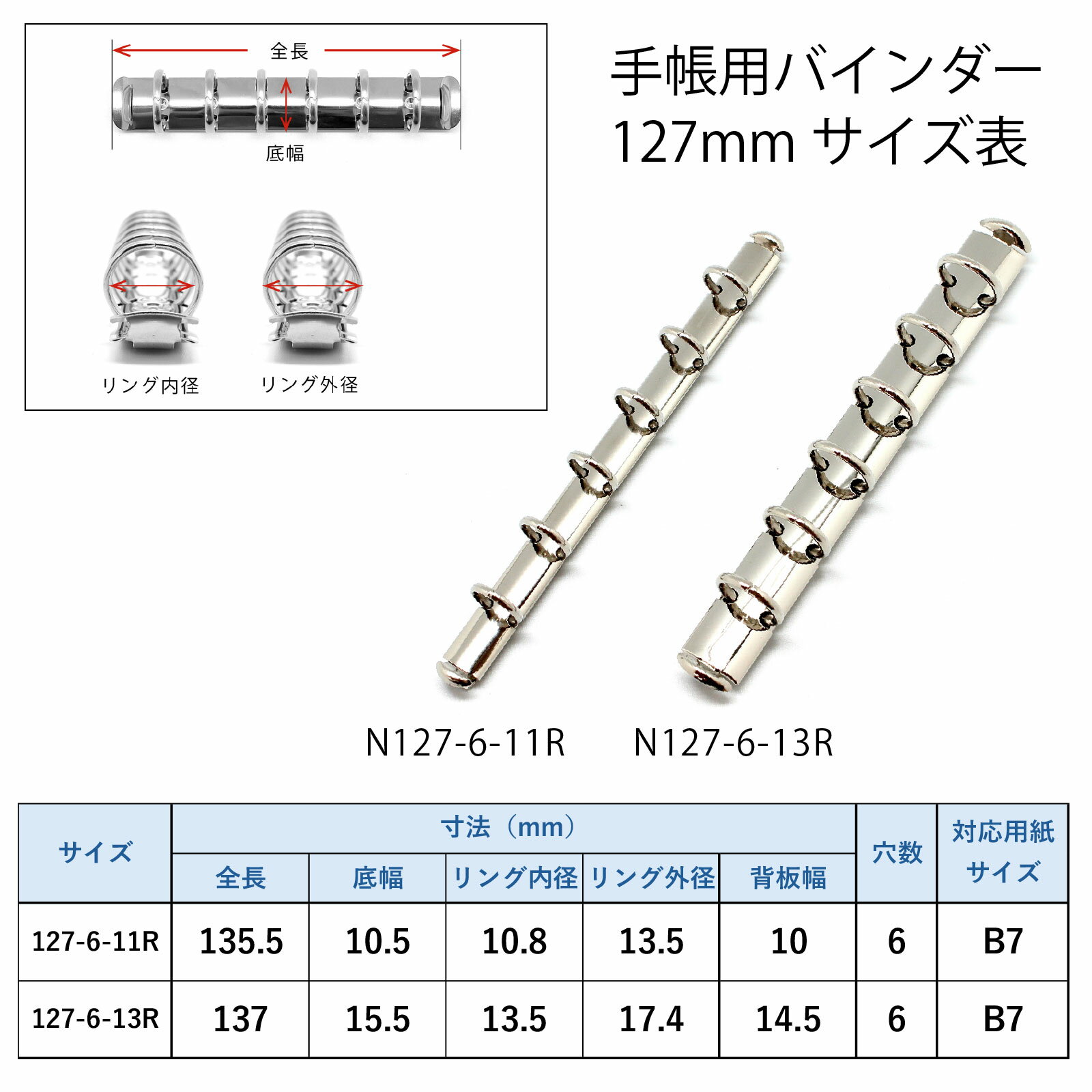 バインダー 金具 背板付き 127mm 6穴 リング径11mm 13mm 1本 10本 100本 B7 B6 ミニ6 システム手帳 手帳 金具 3