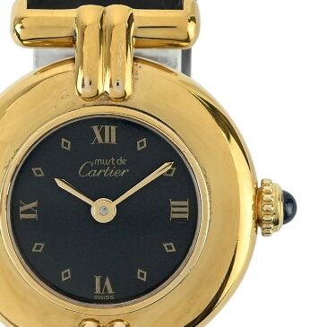 【Cartier】カルティエ ヴェルメイユ マストコリゼ 590002 ブラック文字盤 ブラックレザー 925 ゴールド クオーツ レディース腕時計【送料無料】【中古】