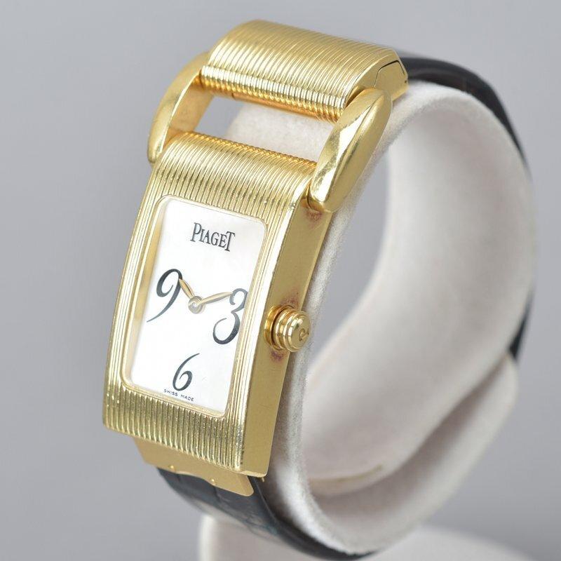 ピアジェ 美品 PIAGET ピアジェ ミスプロトコール 腕時計 稼働品 YG 750 5321 純正革ベルト 2本 シェル文字盤 ゴールド 白 黒 クロコ Mbb.k/bi