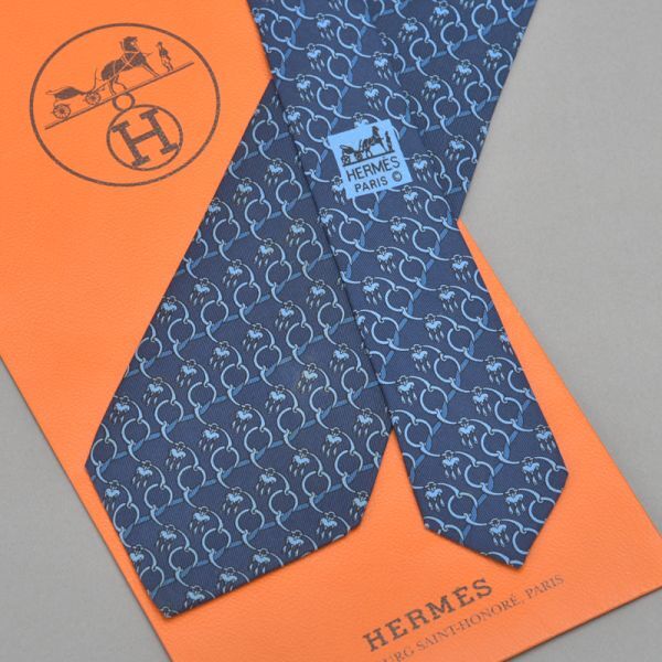美品 HERMES エルメス 総柄 ネクタイ シルク ブルー 7310 EA 青 ネイビー チェーン柄 フォーマル スーツ 制服 ブランド/0/k.d