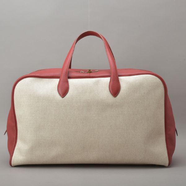 極美品 HERMES エルメス ヴィクトリア50 ボストンバッグ トワルアッシュ レザー レッド ナチュラル トラベル 旅行鞄 /h.b/