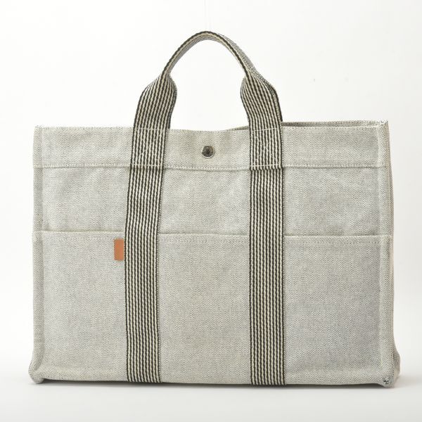 美品 HERMES エルメス ニューフールトゥMM トートバッグ キャンバス グレー 黒 クリーニング済 ハンドバッグ 鞄 /a.a/