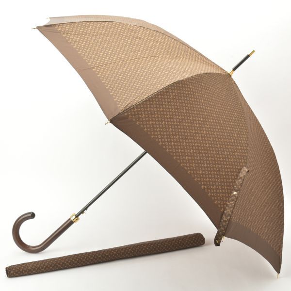 極美品 ルイヴィトン パラプルュイ ジブレ 長傘 カバー付き モノグラムミニ ブラウン M70107 プッシュ式 雨傘 アンブレラ /a.e/