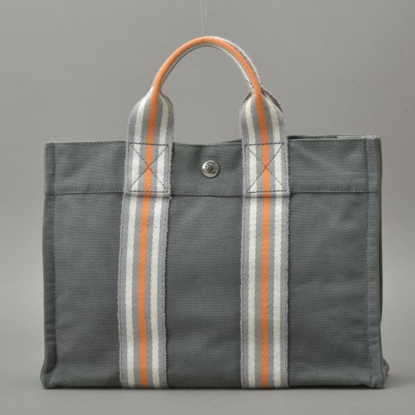 銀座店限定 HERMES エルメス フールトゥPM ハンドバッグ クリーニング済 キャンバス グレー オレンジ トート 鞄 /k.f/a.a