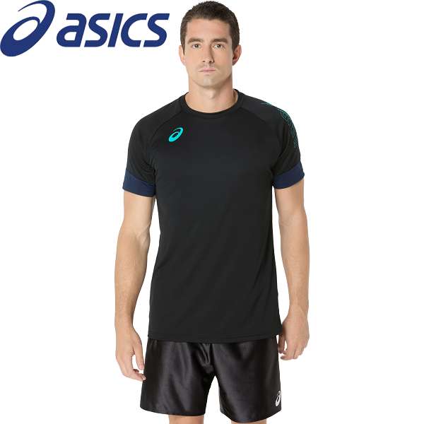 ◆◆メール便発送 ＜アシックス＞ ASICS プラクティス半袖シャツ（袖切替） 2053A210 (002：パフォーマンスブラック×ブリリアントホワイト) バレーボール 2053A210-002