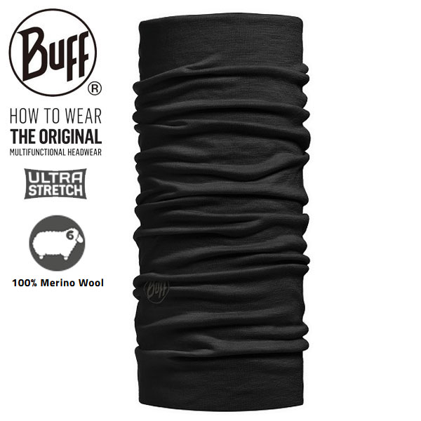 ◆◆○送料無料 メール便発送 ＜Buff（バフ）＞ ネックウォーマー メリノウール LIGTHWEIGHT MERINO WOOL SOLID BLACK 330079