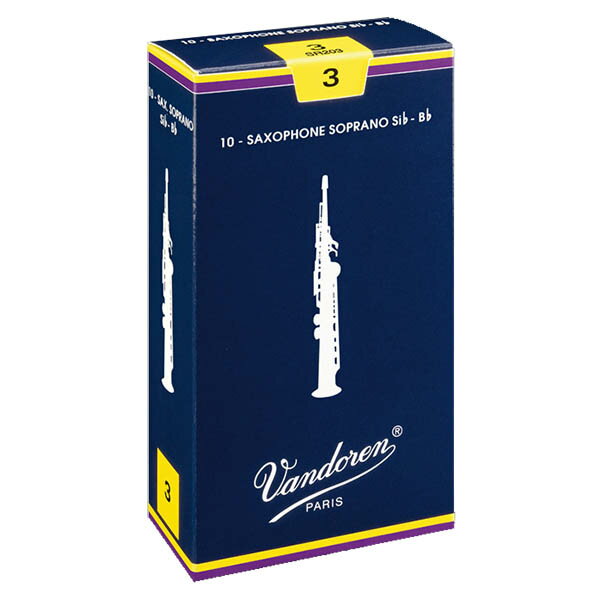 Vandoren ソプラノサックス用リード　box of 10 reeds このリードは、長年にわたって高い評価を得ている一番幅広く使われているリードです。非常に薄いティップからきわめてピュアな音質が生み出されるようにデザインされておりまた振動する部分のコシが強くJAVAやV16よりも*パレットが厚くなっています。＊パレット：最大限に振動する部分のこと。