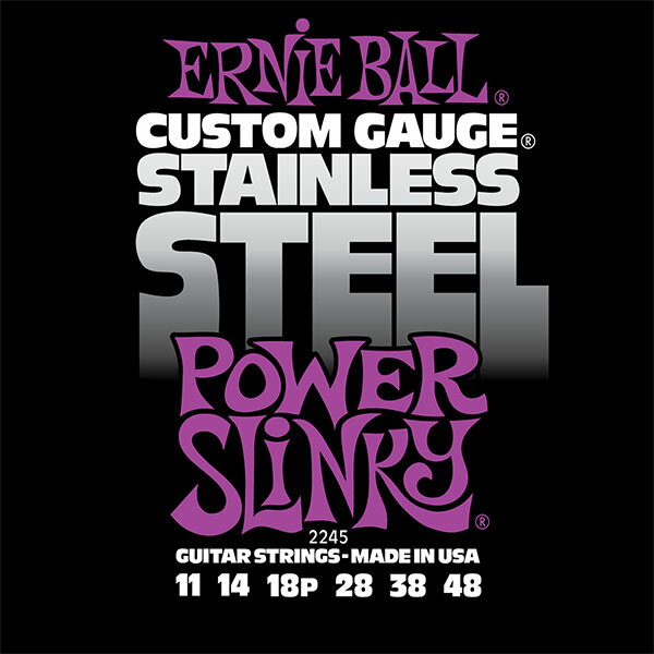 ERNIE BALL/エレキ弦 Stainless Slinky ワウンド弦に、錆びに強くロングライフなステンレス・スティール・ワイヤーの巻線を採用したモデルです。サウンドはアタックの効いたブライトなトーンを特長としています。 より快活なサウンドを求めるロックやメタル・プレイヤーに最適なシリーズです。 【ゲージ】 ■2245（POWER SLINKY ） ：11、14、18P、28、38、48 ■2246（REGULAR SLINKY ） ：10、13、17、26、36、46 ■2247（HYBRID SLINKY ） ：9、11、16、26、36、46 ■2248（SUPER SLINKY ） ：9、11、16、24、32、42 ■2249（EXTRA SLINKY ） ：8、11、14、22、30、38 ※画像はサンプルです。 ※パッケージデザインは予告なく変更される場合がございます。　