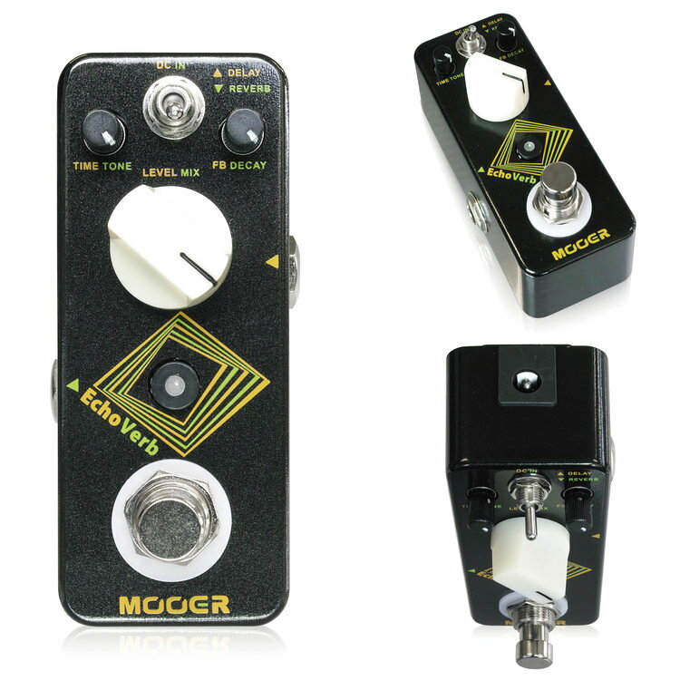 Mooer EchoVerbは、ハイクオリティなデジタルディレイとデジタルリバーブをミニサイズペダルに収めました。ディレイとリバーブエフェクトはそれぞれ個別に使うことも、同時に使うこともできます。 シンプルなコントロールながら、薄くかかる残響から幻想的なスペシャルエフェクトまで幅広くコントロールできます。ディレイエフェクトは1600msまでのロングディレイに対応。エコーのようにナチュラルなトーンが特徴です。リバーブはルームから広大な空間の広がりを作る壮大なリバーブまでをカバーします。EchoVerbのディレイエフェクトはLEDボタンまたはフットスイッチでタップテンポコントロールも可能。小さなペダルの中に機能を充実させました。●特徴・ハイクオリティリバーブとディレイをミニペダルに・ディレイコントロール：Time、Feedback、Level・リバーブコントロール：Tone、Decay、Mix・タップテンポ機能搭載・小型サイズに多彩な機能を凝縮・トゥルーバイパス●コントロール・DELAY/REVERBスイッチ：コントロールノブのモードを選択します。上ポジションにすればノブでディレイエフェクトを、下ポジションにすればリバーブエフェクトをコントロールすることができます。・LEVEL/MIX：ディレイの音量とリバーブミックスをコントロールします。・TIME/TONE：ディレイタイム（45ms〜1600ms）とリバーブのトーンをコントロールします。・FB/DECAY：ディレイフィードバック（FB）とリバーブのディケイ（ルーム〜マウンテン）をコントロールします。●タップテンポEchoVerbはディレイタイムをタップテンポでコントロールすることも可能です。タップテンポの入力は2種類の方法があります。・LEDボタン：ボタンをタップすることでディレイタイムを設定します。・フットスイッチ フットスイッチを2秒以上ホールド（長押し）すると、タップテンポモードが有効になり、LEDが点滅します。フットスイッチを2回以上タップすると、ディレイタイムがタップで入力したテンポに同期します。5秒間経つと、自動的にタップテンポモードを終了します。●スペックインプット：1/4インチモノラルオーディオジャック（インピーダンス：470kΩ）アウトプット：1/4インチモノラルオーディオジャック（インピーダンス：100Ω）電源：レギュレートされたセンターマイナスDC9Vアダプター（電池はご使用になれません）消費電流：160mAサイズ：93.5mm(D)×42mm(W)×52mm(H)重量：146g種類：ディレイ・エコー、リバーブ（ギター・ベース用）アダプター：9Vセンターマイナス電池駆動：-コントロール：TONE、VOLUME、SPEED、MODE、TAPスイッチ　