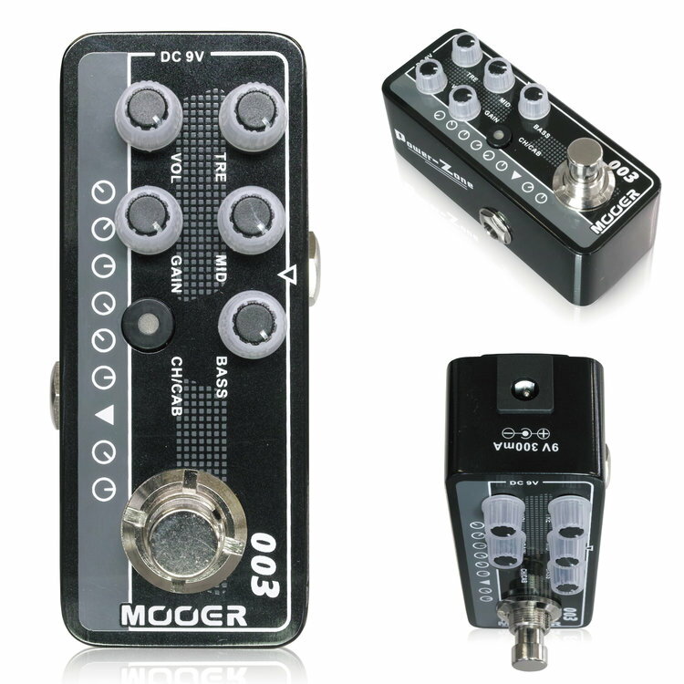 Mooer Micro Preamp 003は、オランダで制作される世界的に人気のハイエンドハイゲインアンプのサウンドを収録したミニサイズのプリアンプペダルです。美しいクリーントーンから抜けの良いハイゲインサウンドまで、どんなゲインレンジでも上質なサウンドを作ることから、特にこだわりの高いミュージシャンから高い支持を得ています。Micro Preamp 003ならこだわり派も納得の上質なトーンが手に入ります。 ●Micro Preamp Mooer Micro Preampシリーズは、様々な真空管アンプのサウンドをミニサイズ筐体に収録したデジタルプリアンプペダルです。“Inteligent Amplifier Modeling”テクノロジーにより、本物のチューブアンプが持つサウンド、ダイナミクス、レスポンスをキャプチャしました。 小さな筐体には機能が満載。3バンドEQを搭載し、2つのチャンネルを選択可能、さらにキャビネットシミュレータも内蔵します。フットスイッチはアクティブ/バイパスだけでなくチャンネル切替えスイッチとして使うこともできます。 Micro Preampシリーズのペダルは、エフェクターとしてはもちろんのこと、エフェクトリターンやパワーアンプインプットに接続し、アンプのパワーアンプを直接駆動させることもできます。さらにスピーカーシミュレータを使用してのラインレコーディングも可能。PAやモニターに直接出力することもできます。 ●完全独立したデュアルチャンネル Micro Preampシリーズは独立した2つのチャンネルを選択することができます。操作を行うコントロールノブは共通していますが、2つのチャンネル間でノブの操作が影響することはありません。CH/CABボタンやフットスイッチでチャンネルを切替えると、現在のノブの位置にかかわらず、前回の設定がそのままロードされます。 つまり、一度作った音は、チャンネルを切替えてノブを動かしても影響することがありません。 チャンネルを切り替えるとLEDカラーが変わるため、現在のチャンネルも一目でわかります。 ●キャビネットシミュレータ Micro Preampシリーズにはスピーカーから出た音をシミュレートするスピーカーシミュレータを内蔵し、PAやモニター、オーディオインターフェイスなどに直接接続することもできます。スピーカーシミュレータのON/OFFはCH/CABボタンを長押しする切り替わります。キャビネットシミュレータがONになっている間、LEDはゆっくりと点滅します。 ●コントロール ・VOL：音量を調整します。 ・GAIN：歪みの強さを調整します。 ・TRE：高域の出方を調整します。 ・MID：中域の出方を調整します。 ・BASS：低域の出方を調整します。 ・CH/CAB：プッシュすることでチャンネルを切替えます。また、2秒間の長押しでキャビネットシミュレータのON/OFFを切替えます。 ・フットスイッチ：2つの動作モードを備えています。動作モードを切り替えるにはフットスイッチを2秒間長押しします。 アクティブ/バイパス：フットスイッチを押すことでプリアンプのアクティブとバイパスを切替えます。通常のエフェクターのように使うことができます。 チャンネル切替え：フットスイッチを押すことで2つのチャンネルを切替えます。常時ONのプリアンプとして使う際に有効です。 ●接続 ・DCIN：センターマイナスDC9Vアダプターを接続します。消費電流は220mAです。 ・INPUT：楽器側のケーブルを接続します。プリアンプとして使う場合、前段に歪みエフェクターなどを接続することも効果的です。 ・OUTPUT：アンプやPA側のケーブルを接続します。アンプのインプットやエフェクトリターン、PAなどに接続します。空間系エフェクトなどは後段に接続すると効果的です。 ●スペック インプット：1/4インチモノラルオーディオジャック（インピーダンス：1MΩ） アウトプット：1/4インチモノラルオーディオジャック（インピーダンス：100Ω） 電源：レギュレートされたセンターマイナスDC9Vアダプター（電池はご使用になれません） 消費電流：220mA サイズ：93.5mm(D)×42mm(W)×52mm(H) 重量：160g 種類：アンプシミュレーター（ギター用） アダプター：9Vセンターマイナス 電池駆動：- コントロール：VOL、GAIN、TRE、MID、BASS、CH/CABスイッチ　