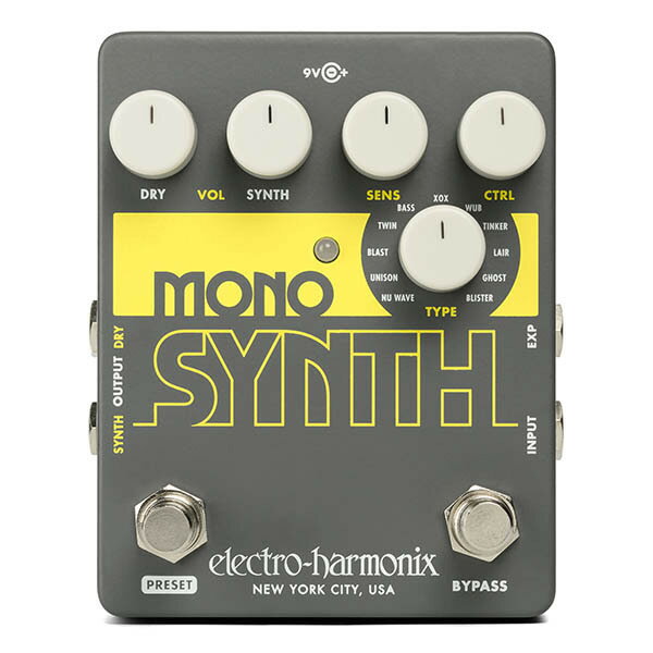 electro-harmonix Mono Synth はギターサウンドをヴィンテージシンセのエミュレーションから音声を積み重ねた急上昇するリードサウンドなど、11タイプの素晴らしいシンセサウンドに変身させます。Mono Synthは様々な改造や特別なピックアップ、またはMIDIを使用することなく動作するようにデザインされています。使いやすく、コントロールしやすい直感的なレイアウトはクールなサウンドを素早く作り出します。DRYコントロールはSYNTH OUTPUTから出力されるギターのそのままのサウンドのボリュームを調整し、SYNTHコントロールはSYNTH OUTPUTから出力されるシンセサウンドのボリュームをコントロールします。組み合わせて使用することで、適切なミックスが行えます。SENSコントロールは演奏の強弱をトリガーにシンセサイザーサウンドが立ち上がるまでの反応を調整し、使用するベースやプレイスタイルの反応によって微調整できます。CTRLノブは11のシンセタイプそれぞれのキーとなるパラメーターの調整を行います。プリセットによって異なり、サウンドをカスタマイズするための微調整が可能です。また、EXPインプットは全く異なるパラメーターをエクスプレッション・ペダルによりリアルタイムでコントロールが可能ですPRESETフットスイッチでカスタマイズした11タイプのシンセサウンド・プリセットの保存と呼び出しが行えます。ファクトリー・プリセットは常時復元が可能です。Mono Synthは豊かで暖かみのあるサウンドからシャープで突き刺さるようなパーカッシブ・サウンドまで、クールなベースシンセ・コレクションをあなたの指先に提供します。搭載モード■NU WAVE■UNISON■BLAST■TWIN■BASS■XOX■WUB■TINKER■LAIR■GHOST■BLISTERQuick Specs ■11タイプのモノラル・シンセサウンド■望んだサウンドに素早く調整できる直感的なコントロール■エクスプレッション・ペダルを使用して足元でリアルタイムでコントロール■11タイプのシンセサウンドをカスタマイズ、セーブ、リコールが可能なプリセット機能■EHX JP9.6DC-200アダプター付属