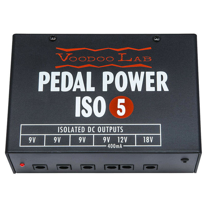 Pedal Power ISO-5は世界最高クラスのパフォーマンスを保証する小型のアナログパワーサプライです。小型のペダルボードまたは大型ボードの追加パワーサプライとしての高い需要があります。ISO-5は5つの完全アイソレイテットされたアウトプットからペダルの持つサウンドを最大限引き出すパワーを供給します。3つの9V 100mAアウトプット、9Vか12Vを選択できる400mAのアウトプットが1つ、そして18V 100mAのアウトプットが1つ、ISO-5は小型ながら1台で様々なタイプのエフェクターの電源供給を可能にします。アウトプット・3口 9V 100mA9V電池を使用するエフェクターへの電源供給用アウトプット・1口 9V/12V 400mA高い消費電流を必要とするエフェクター用のアウトプットで9Vか12Vの選択が可能です。通常の9V電池駆動のエフェクターも接続可能です。注意）この9Vと12Vのアウトプットはアイソレートされていませんので同時使用はしないでください。・1口 18V 100mA18Vの電圧を必要とするエフェクター用のアウトプットです。主な仕様・アウトプット数 : 5：完全独立電源・電圧/電流 : 3：9V 100mA アウトプット、1：9V/12V 400mA アウトプット（9Vか12Vを選択）、1：18V 100mA アウトプット・付属品 : パワーケーブル　−　5.5 x 2.1mm センターマイナス LL ケーブル（4本）/5.5 x 2.1mm センターマイナス LS ケーブル（1本）/5.5 x 2.5mm センタープラス LLレッド ケーブル（1本）、3.5mm ミニプラグ（1本）、1年間保証書・本体サイズ : 幅 124 x 奥行 86 x 高さ 44 mm・本体重量 : 0.56kg・リニア電源とトロイダルトランスフォーマー搭載で業界最小のノイズレベル・Made in the USA