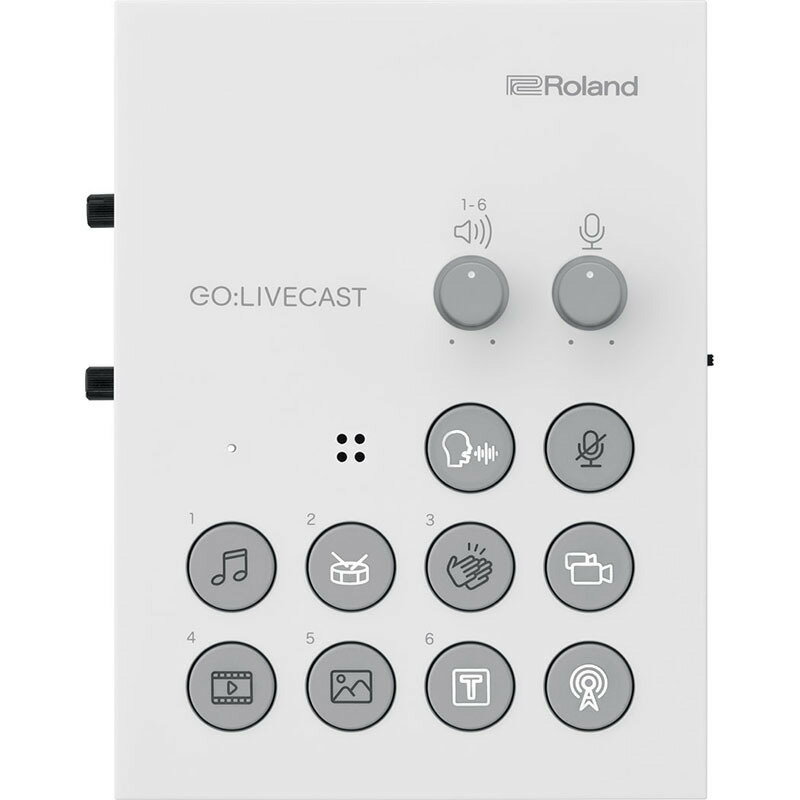 ROLAND GO:LIVECAST Live Streaming Studio for Smartphones GOLIVECAST スマートフォン配信用ミキサー自分らしさが表現できる、簡単ライブ配信ツール憧れのあの人のように、配信で人気者になりたい！ そんなあなたには、誰でも簡単に扱えるライブ配信ツール GO:LIVECAST がおすすめです。煩わしいセッティングは必要なく、スマートフォンに繋ぐだけの簡単接続。すぐにクオリティの高いライブ配信が行え、視聴者を釘づけにすることができます。さらには著作権フリーのBGMや効果音で雰囲気づくりができたり、タイトル表示やオープニング動画を流せたり。一般的なライブ配信アプリだけではできないようなことが、GO:LIVECASTで可能になります。他とはひと味違うライブ配信で、なりたい自分へ、上手にセルフ・プロデュース。ファンを増やして、人気者になるために、GO:LIVECASTが手放せない存在になるはずです。・TwitCasting（ツイキャス）やYouTubeなどのプラットフォームに対応。・専用アプリから最大6個の表示したい動画や写真、BGM、テロップを選択。本体のボタンを押すだけで選択した素材を表示。・オープニング動画や効果音、BGMなど使いやすい素材を内蔵。・スマートフォンに保存してある動画、写真、音楽も表示可能。・専用アプリ画面に視聴者コメントを表示でき、視聴者とのコミュニケーションもとれます。・もう一台のスマートフォンを無線接続し、2台目のカメラとして使用も。カメラの切り替えも本体のボタンを押すだけ。・48Vファンタム電源対応のマイク入力端子、ヘッドセット、本体内蔵マイクで様々なマイク入力を選べます。・LINE IN端子に楽器を接続し、演奏や弾き語り配信。・美肌フィルター、鏡面モード、縦向き・横向きの自動切換えなど、便利な機能が盛りだくさん。・配信の代わりに録画もできるので、動画コミュニティに投稿も可能。■新製品 スマートフォン用ライブ配信ツール GO:LIVECASTGO:LIVECASTは、スマートフォンやタブレットを使った動画ライブ配信に、多彩な演出を簡単に加えることのでるアプリ(iOS/Android)とコントローラーのセットです。コントローラーのボタンを押すだけで、テロップやタイトル画面、インパクトのある効果音などを加えることができます。■初心者も安心の使いやすさGO:LIVECASTなら、簡単3ステップで接続が完了。まずはマイク、次にイヤホンまたはヘッドホンを接続し、あとはスマートフォンをつなぐだけ。機材トラブルの心配から解放され、初めての方でも安心して配信が始められます。■簡単なボタン操作だけでOK6つのボタンに見せたい素材を割り当てて、自分好みにカスタマイズできるGO:LIVECAST。2台のスマートフォンを無線接続してカメラの切り替えができたり、BGMや効果音を流したり、すべての操作がボタン操作だけでOK。お喋り以外のパフォーマンスの配信にもぴったりです。■人気のプラットフォームに配信TwitCastingやYouTubeなど人気のプラットフォームに対応。配信したいプラットフォームを選択、ログインすれば、いつものプラットフォームから配信可能。ストリームキーなどを入力すれば、さらに他のプラットフォームへの配信も。機材に合わせてプラットフォームを変える必要はありません。■著作権いらずの素材集「無音は嫌だから音楽を流したいけど、著作権のことが心配。」そんな方にこそ使ってほしいGO:LIVECAST。専用アプリには、使いやすい著作権フリーのBGMを収録。その日の気分やテーマに合わせた配信の雰囲気づくりができます。また配信を盛り上げる拍手や笑い声の効果音はもちろん、配信で流せる動画素材も取り揃えています。■もう一台のスマートフォンで、2カメ配信2カメ配信にチャレンジしたいけど、設定が難しいし、スマートフォンだけだとどうやったらいいか分からない。GOLIVECASTならもう一台のスマートフォンを無線接続するだけの簡単設定。コントローラーのボタンを押すだけで切り替えできるので、操作も簡単。＜主な仕様＞接続端子・MIC端子：コンボ・タイプ（XLR、TRS標準）・バランス（ファンタム電源DC 48V、6mA）・LINE IN端子：ステレオ・ミニ・タイプ・HEADPHONE/HEADSET端子：ステレオ・ミニ・タイプ（ステレオ、CTIA）・USB POWER端子：USBマイクロBタイプ・USB SMARTPHONE端子：USBマイクロBタイプコントローラー・MICつまみ・PADつまみ・LINE INつまみ・HEADPHONEつまみインジケーター・POWERインジケーター消費電流・330mA付属品・「クイック・スタート」チラシ（保証書含む）・「安全上のご注意」チラシ・Lightning to USBマイクロBタイプ・ケーブル・USB Type-C（TM）to USBマイクロBタイプ・ケーブル・USB Type-A to USBマイクロBタイプ・ケーブル・レジストレーション・カード（USのみ有効）対応機種・最新の動作確認情報はメーカーサイトでご確認ください。＜外形寸法＞幅 (W)：107 mm奥行き (D)：138 mm高さ (H)：53 mm質量：180 g※製品の仕様及びデザインは改良のため予告なく変更することがあります。