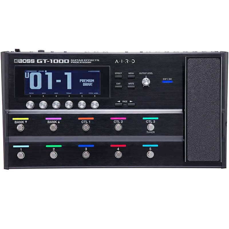 最先端テクノロジーの粋を尽くして生み出した次世代のプレミアム・トーンGT-1000 Guitar Effects Processor は、音質と表現力を極限まで追求し、最先端のDSP テクノロジーと長年のエフェクト／アンプ開発で培ってきたBOSS の知識と経験を、徹底的に無駄を排除したスリムな筐体に結集させた、次世代のフロア型ギター・アンプ／エフェクト・ユニットです。音楽用途に特化して新開発された超高速カスタムDSP チップを搭載、サンプリング・レート96kHz、AD/DA 変換32bit、内部演算32bit float（浮動小数点）処理という業界最高クラスの超高音質を実現しています。また、数々のアンプ製品に取り入れられ高い評価を受けてきた、チューブ・アンプ・サウンドの設計コンセプトTube Logicをもとに、AIRD（Augmented Impulse Response Dynamics）という革新的な技術を新開発。この技術により、フロア型のユニットでは今まで実現不可能とされていた、アンプ全体の相互作用によって生まれる複雑な動作をどのような接続環境でも再現し、常にリアルで音楽的なレスポンスとサウンドを得ることができる、次世代のアンプがGT-1000 の心臓部に搭載されました。さらに、コンパクト・ペダルのX シリーズで使われているMDP 技術や、DD-500 Delay、MD-500 Modulation、RV-500Reverb にも採用されている高度なアルゴリズムにより設計された最新のエフェクトも多数内蔵。高度なルーティングやアサイン／コントロール機能、Bluetoothによるワイヤレス・エディットや豊富な入出力端子との組み合わせにより、全てのギタリストにあらゆるシチュエーションで最高の表現力を提供してくれます。■妥協のない音質と表現力を徹底的に追求して生まれたフロア型ギター・アンプ／エフェクト・ユニットの最高峰モデル■サンプリング・レート96kHz、AD/DA 変換32bit、内部演算32bit float （浮動小数点） 処理という業界最高クラスの超高音質を実現■楽器専用に新しく設計された次世代の BOSS カスタム DSP エンジンを搭載■最新の AIRD （Augmented Impulse Resonance Dynamics） テクノロジーにより、Tube Logic コンセプトをフロア型ユニットで体現、あらゆる接続環境で意図した通りのサウンド・デザインが可能■アンプ全体の複雑な相互作用によって生まれる極上のサウンドとレスポンスを備えた、表現力豊かなAIRD アンプを多数搭載■最先端の MDP エフェクトや、DD-500 Delay、MD-500 Modulation、RV-500 Reverb から移植された高度なアルゴリズムによるエフェクトをはじめ、ハイ・クオリティな BOSS エフェクトを多数搭載■アンプとエフェクトの直列／並列接続を多彩なルーティングで組み合わせられるエフェクト・チェイン機能■ 超高速化された音色切り替えと、 ディレイ／リバーブのキャリーオーバー機能を搭載■STOMPBOX 機能により複数のパッチでセッティングを共有し、コンパクト・ペダルを接続している時のように簡単なセッティング変更が可能■割り当てる機能と LED カラーを自由に変更可能な、 10 個のフットスイッチとエクスプレッション・ペダルを装備■2 つの表示モードを搭載しモノ／ポリフォニックの両方に対応した高精度チューナー■Bluetooth機能を内蔵し iOS ／ Android に対応した専用エディターからワイヤレスでパッチの編集／管理が可能■主な仕様●サンプリング周波数：96kHz● AD 変換：32 ビット+AF 方式　※ AF 方式（Adaptive Focus method）はAD コンバーターの　　 SN 比を飛躍的に向上させるローランド／ボス独自の方式です。● DA 変換：32 ビット●エフェクト・タイプ：116 種類●メモリー：250（ユーザー）+250（プリセット）●フレーズ・ループ：38 秒( モノ)、19 秒( ステレオ)●チューナー内部検出精度：± 0.1cent●規定入力レベル：　INPUT：-10dBu、RETURN1：-10dBu、RETURN2：-10dBu●最大入力レベル：　INPUT：+18dBu、RETURN1：+8dBu、RETURN2：+8dBu●入力インピーダンス：　INPUT：1M Ω、RETURN1：1M Ω、RETURN2：1M Ω●規定出力レベル：　MAIN OUTPUT（L/MONO、R）：-10dBu、SUB OUTPUT（L、R）：+4dBu、PHONES：-10dBu、SEND1：-10dBu、SEND2：-10dBu●出力インピーダンス：　MAIN OUTPUT（L/MONO、R）：1k Ω、SUB OUTPUT（L、R）：600 Ω、PHONES：20 Ω、SEND1：1k Ω、SEND2：1k Ω●推奨負荷インピーダンス：　MAIN OUTPUT（L/MONO、R）：10k Ω以上、SUB OUTPUT（L、R）：600 Ω以上、　PHONES：44 Ω以上、SEND1：10k Ω以上、SEND2：10k Ω以上●コントロール　BANK ▼スイッチ、BANK ▲スイッチ、CTL1 〜 3 スイッチ、1 〜 5 スイッチ、　POWER スイッチ、EFFECT ボタン、MENU ボタン、EXIT ボタン、WRITE ボタン、　PAGE ボタン、1 〜 6 つまみ、OUTPUT LEVEL つまみ、　エクスプレッション・ペダル●ディスプレイ：グラフィックLCD（512 × 160 ドット、バックライト付き）●接続端子：　INPUT 端子、MAIN OUTPUT（L/MONO、R）端子、SEND1 端子、　RETURN1 端子、SEND2 端子、RETURN2 端子：標準タイプ、　SUB OUTPUT（L、R）端子：XLR タイプ、PHONES 端子：ステレオ標準タイプ、　CTL4, 5/EXP2 端子、CTL6, 7/EXP3 端子、AMP CTL1, 2 端子：TRS 標準タイプ、　USB COMPUTER 端子：USB B タイプ、DC IN 端子、MIDI（IN、OUT）端子●電源：AC アダプター●消費電流：1.2A●外形寸法：462（幅）× 248（奥行）× 70（高さ）mm　　　　　　ペダル傾き最大時：462（幅）× 248（奥行）× 95（高さ）mm●質量：3.6kg●付属品：AC アダプター、取扱説明書、「安全上のご注意」チラシ、保証書、　　　　　ローランド ユーザー登録カード●別売品：　フットスイッチ：FS-5U、FS-5L、FS-6、FS-7　エクスプレッション・ペダル：EV-30、FV-500L、FV-500H、Roland EV-5※ 0dBu ＝ 0.775Vrms