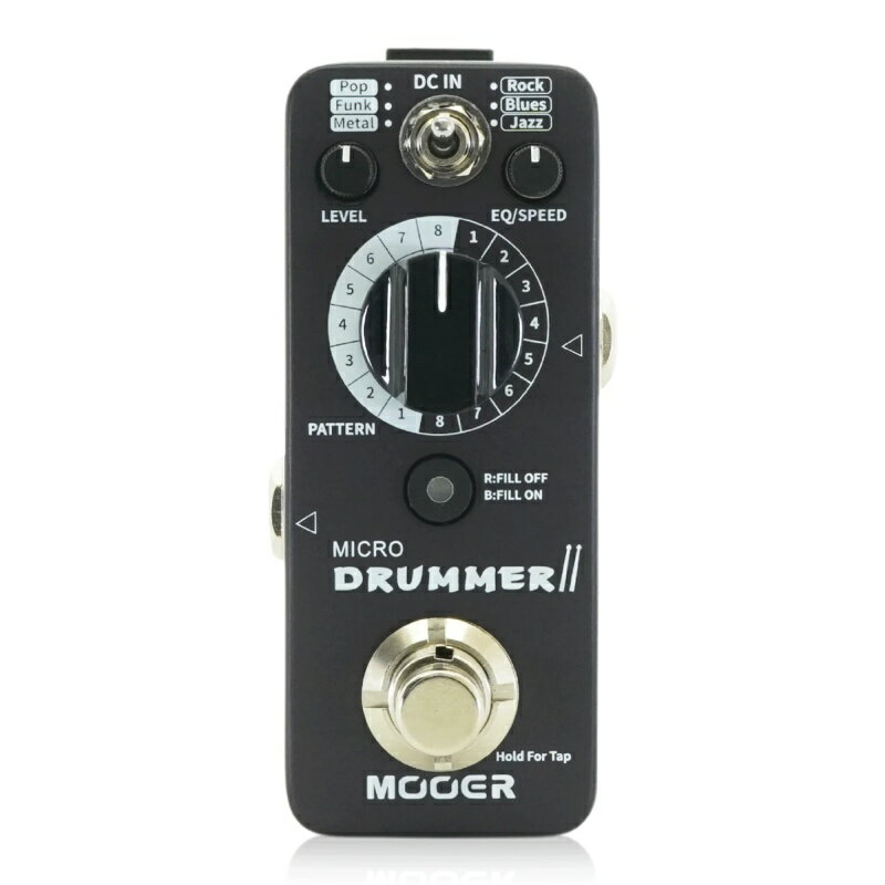 Mooer Micro Drummer IIは、ミニサイズながら本格的なドラムサウンドを生み出すドラムマシンペダルです。本物のドラムセットからキャプチャされたオーディオサンプルによるリアルな音色で、6つのジャンル各8リズム、合計48のグルーヴを出力できます。さらにリズムにはバリエーションを加えるFILL機能があり、タップテンポやEQにより高い操作性も実現しています。●特徴・本物のドラムセットからキャプチャされたリアルなオーディオサンプル・6ジャンル、各8リズムタイプの48グルーブを収録・リズムにバリエーションを加えるFILL機能・タップテンポでスピードを設定可能・異なるシチュエーションで切り替えられる2つのEQプリセット●コントロール・フットスイッチ：PLAY、STOP、FILL、タップテンポ機能を操作します。・LEDボタン：タップテンポスピード、ビートの拍子、FILLのON/OFFを表示します。・PATTERN：16のリズムタイプを選択します。・LEVEL：ドラムマシンの音量を調整します。・EQ/SPEED：ドラムマシンのスピードとイコライジングを調整します。・Rhythm Type：3モードのトグルスイッチでドラムマシンスタイルを選択します。・Input：1/4インチモノラルジャックです。楽器を接続します。・Output：1/4インチモノラルジャックです。アンプ側のケーブルを接続します。・DC IN：電源アダプターを接続します。センターマイナスDC9V、120mA以上のアダプターを接続します。●使い方1.準備電源を接続し、楽器、アンプ、エフェクトをセットアップします。EQを12時位置にします。LEVELを最小にします。2.再生・停止フットスイッチを押すとドラムマシンが再生されます。LEVELノブで音量を調整します。もう一度フットスイッチを押すと停止します。3.グルーブの選択Micro Drummer IIには6つのグルーブスタイル（ジャンル）があります。各ジャンルには8つのリズムタイプが収録されています。Rhythm Typeスイッチでスタイルを選択します。スロット1：POP/ROCKスロット2：FUNK/BLUESスロット3：METAL/JAZZ次にPATTERNノブを回してリズムタイプを選択します。4.スピードドラムマシンのスピードは2つの方法で設定できます。1.EQ/SPEEDノブを回してスピードを設定します。12時位置が120bpmです。40〜260bpmで設定できます。2.フットスイッチを長押しし、タップテンポ機能を有効にします。LEDボタンが赤に点滅します。フットスイッチを3回押すと、タップテンポでスピードを設定できます。タップテンポ機能は3秒後に自動的に終了し、LEDボタンが設定されたスピードに合わせて赤・青に点滅します。5.バリエーションの追加（FILL）Micro Drummer II には48種類のリズムグルーヴが収録され、それぞれに個別のバリエーション（フィル）があります。バリエーションは通常のプレイ中には使用されません。ドラムマシンが再生中にLEDボタンを押すと、バリエーションが演奏されます。バリエーションが終わると通常のメインリズムに戻ります。※バリエーションは、ドラムマシンのビートや再生位置に関わらずいつでも追加できます。バリエーションのプレイタイムは追加したタイミングにより異なります。例えば、4/4リズムタイプでバリエーションを2拍子目に加えると、メインリズム1ビート、バリエーション3ビートとなります。3拍子を超えた後にバリエーションを加えると、次の小節にバリエーションが加わります。6.EQの調整LEDボタンを押しながらEQ/SPEEDノブを回すとドラムマシンのイコライジングを調整できます。12時位置でEQはOFFになります。左に回すとローカットされフルレンジデバイスに（モニタースピーカー等）に合わせた設定となります。右に回すと高域のエンハンスとなり、フルレンジデバイスで高域を強化したりギターアンプに合わせた設定となります。※EQセッティングはペダルの電源を切っても保存されます。接続する機器や使用する場所に合わせて調整してください。●収録ジャンル1.POP2.ROCK3.FUNK4.BLUES5.METAL6.JAZZ●スペックNum. of groove: 48 groovesSpeed range: 40bpm-240bpmSample rate/sample depth: 44.1kHz/24 BitInput: 1/4” mono audio input jack (impedance value 470k ohm)Output: 1/4” mono audio output jack (impedance value 100 ohm)Power supply: 9V 120mA, center negativeDimension: 93.5mm(D) * 42mm(W) * 52mm(H)Weight: 157gAccessories: Owner’s manualアダプター：9Vセンターマイナス電池駆動：-コントロール：LEVEL、EQ/SPEED、PATTERN、Rhythm Type