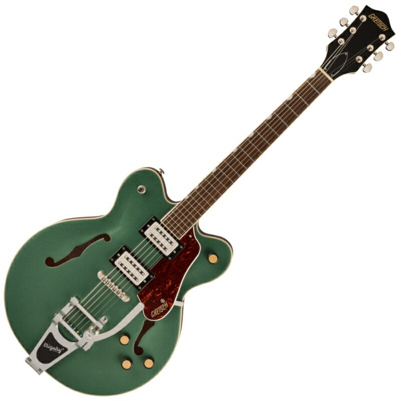 リフレッシュされたStreamliner&#8482; Collectionは、Gretschギターの輝かしい過去の要素を再訪し、エキサイティングな新機能と組み合わせることで、優れたパフォーマンス、サウンド、スタイルを驚くべき価値で提供します。G2622T Streamliner Center Block Double-Cut with Bigsby&#174;は、パワフルなサウンドとGretschならではのスタイリングをよりコンパクトなサイズに収め、現代に甦らせました。G2622Tは、グレッチに期待されるすべての要素を保ちつつ、楽器にワンランク上のパフォーマンス、スタイル、そしてより大きな音量感を求めるギタリストのために設計されています。【主な特徴】・新開発のBroad'Tron&#8482; BT-3Sハムバッカーを搭載・ダブルカッタウェイの16インチアーチドメイプルボディ、チャンバードセンターブロックを採用・Soft "C"シェイプのナトーネック・12インチラジアスローレル指板、パーロイドNeo Classic&#8482;サムネイルインレイ、22本のミディアムジャンボフレットを採用・ボーンナット・マスターボリューム、マスタートーン、各ピックアップのボリュームコントロールにより、柔軟なトーン設計が可能・マスターボリュームにPush/Pullコイルスプリット機能を内蔵・ラジオコントロールノブ・アンカー付きAdjusto-Matic&#8482;ブリッジ・Bigsby&#174; B70ヴィブラートテイルピース・3-plyべっ甲柄ピックガード・ニッケルハードウェア【ハイライト】新しいセンターブロックデザインのメイプルボディG2622 Center Blockは、アーチドメイプルボディに、新しいセンターブロックデザインを採用しています。この新しいセンターブロックは、軽量で快適な演奏性と存在感のあるフルでリッチなサウンドを両立するように設計されており、アタックとサスティンを向上させ、優れたフィードバック抑制効果を、重さを感じさせない快適なギターにまとめ上げています。新開発のBroad'Tron BT-3SピックアップG2622は、新開発のBroad'Tron BT-3Sピックアップを搭載しています。アルニコ5とアルニコ2を組み合わせたマグネットを採用し、力強いミッドレンジ、タイトでふくよかなローエンド、スムーズでクリアなハイエンドがバランス良く得られ、音楽的な響きを放つピックアップです。コイルスプリットによる多彩なコントロールStreamlinerのパワフルなサウンドは、ネックとブリッジピックアップのボリュームコントロール、マスタートーンコントロール、マスターボリュームコントロール、3ウェイピックアップスイッチングという伝統的なコントロールレイアウトによって引き出されます。マスターボリュームコントロールにPush/Pullポットを内蔵することでコイルスプリットが可能となり、シングルコイルサウンドに切り替えることが可能です。すでに強力なサウンドパレットにさらなるトーンオプションが得られます。Model Number : 2807250530Neckネック : Natoネックフィニッシュ : Glossネックシェイプ : Soft "C"ネック : Set-Neckフィンガーボードラジアス : 12" (305 mm)フィンガーボード : Laurelポジションインレイ : Pearloid Neo-Classic&#8482; Thumbnailフレット : 22ナット : Boneナット幅 : 1.6875" (42.86 mm)ナット : Boneボディボディ : Laminated Mapleボディフィニッシュ : Glossボディシェイプ : Center Blockボディトップ : Arched Laminated Mapleボディバインディング : Aged White with B/W/B Purflingボディバック : Arched Laminated MapleBODY STYLE : Gretsch&#174; Center Block Guitarsボディ : Laminated MapleCUTAWAY : Double Cutawayブレイシング : Center Blockウェイスト : 9.75" (248 mm)SOUND HOLE : F-HolesHardwareブリッジ : Adjusto-Matic&#8482;ブリッジカバー/テイルピース : Bigsby&#174; B70BRIDGE MOUNTING : Anchoredピックガード : 3-Ply Tortoiseピックアップカバー : Nickelコントロールノブ : Gretsch&#174; Radio KnobSWITCH TIP : Blackハードウェアフィニッシュ : Nickelチューニングマシーン : Die-Cast Sealedストリング : Nickel Plated Steel (.010-.046 Gauges)ストラップボタン : Standard Strap ButtonElectronicsブリッジピックアップ : Broad'Tron&#8482; BT-3Sネックピックアップ : Broad'Tron&#8482; BT-3Sピックアップコンフィギュレーション : Broad'Tron&#8482; / Broad'Tron&#8482;コントロール : Volume 1. (Neck Pickup), Volume 2. (Bridge Pickup), Master Tone, Master Volume with Push/Pull for Coil Splitスウィッチ : 3-Position Toggle: Position 1. Bridge Pickup, Position 2. Bridge And Neck Pickups, Position 3. Neck PickupAUXILIARY SWITCHING : Push/Pull Pot (for Coil Split)保証書・ギグバック付属　