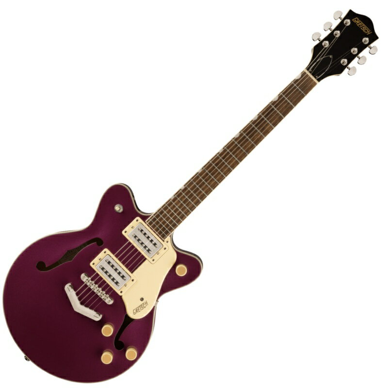 リフレッシュされたStreamliner&#8482; Collectionは、Gretschギターの輝かしい過去の要素を再訪し、エキサイティングな新機能と組み合わせることで、優れたパフォーマンス、サウンド、スタイルを驚くべき価値で提供します。G2655 Streamliner Center Block Jr. with V-Stoptailは、パワフルなサウンドとGretschならではのスタイリングをよりコンパクトなサイズに収め、現代に甦らせました。G2655は、グレッチに期待されるすべての要素を保ちつつ、楽器にワンランク上のパフォーマンス、スタイル、そしてより大きな音量感を求めるギタリストのために設計されています。【主な特徴】・新開発のBroad'Tron&#8482; BT-3Sハムバッカーを搭載・ダブルカッタウェイのアーチドメイプルボディにチェンバードセンターブロックを採用・Soft "C"シェイプのナトーネック・12インチラジアスローレル指板、パーロイドNeo Classic&#8482;サムネイルインレイ、22本のミディアムジャンボフレットを採用・ボーンナット・マスターボリューム、マスタートーン、各ピックアップのボリュームコントロールにより、柔軟なトーン設計が可能・マスターボリュームにPush/Pullコイルスプリット機能を内蔵・ラジオコントロールノブ・アンカー付きAdjusto-Matic&#8482;ブリッジ・Gretsch V-Stopテイルピース・1-plyクリーム、または3-plyブラックピックガード・ニッケルハードウェアModel Number : 2817100524Neckネック : Natoネックフィニッシュ : Glossネックシェイプ : Soft "C"ネック : Set-Neckフィンガーボードラジアス : 12" (305 mm)フィンガーボード : Laurelポジションインレイ : Pearloid Neo-Classic&#8482; Thumbnailフレット : 22ナット : Boneナット幅 : 1.6875" (42.86 mm)ナット : Boneボディボディ : Laminated Mapleボディフィニッシュ : Glossボディシェイプ : Streamliner&#8482; Center Block Jr.ボディトップ : Arched Laminated Mapleボディバインディング : Aged White with B/W/B Purflingボディバック : Arched Laminated MapleBODY STYLE : Gretsch&#174; Center Block Guitarsボディ : Laminated MapleCUTAWAY : Double Cutawayブレイシング : Center Blockウェイスト : 8.625" (219.08 mm)SOUND HOLE : F-HolesHardwareブリッジ : Adjusto-Matic&#8482;ブリッジカバー/テイルピース : V-StoptailBRIDGE MOUNTING : Anchoredピックガード : 3-Ply Blackピックアップカバー : Nickelコントロールノブ : Gretsch&#174; Radio KnobSWITCH TIP : Blackハードウェアフィニッシュ : Nickelチューニングマシーン : Die-Cast Sealedストリング : Nickel Plated Steel (.010-.046 Gauges)ストラップボタン : Standard Strap ButtonElectronicsブリッジピックアップ : Broad'Tron&#8482; BT-3Sネックピックアップ : Broad'Tron&#8482; BT-3Sピックアップコンフィギュレーション : Broad'Tron&#8482; / Broad'Tron&#8482;コントロール : Volume 1. (Neck Pickup), Volume 2. (Bridge Pickup), Master Tone, Master Volume with Push/Pull for Coil Splitスウィッチ : 3-Position Toggle: Position 1. Bridge Pickup, Position 2. Bridge and Neck Pickups, Position 3. Neck PickupAUXILIARY SWITCHINGPush/Pull Pot (for Coil Split)保証書・ギグバック付属　