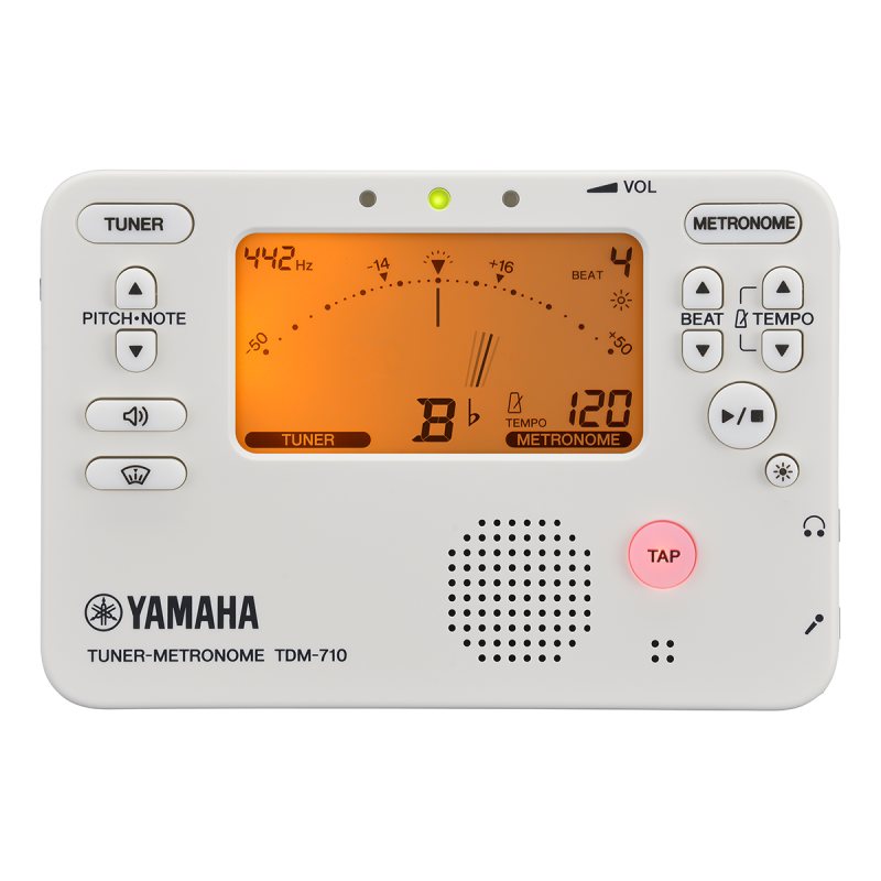 ヤマハチューナーメトロノームTDM-710は、演奏の魅力を最大限に引き出すために、音程感とテンポ感の向上をサポートするアイテム。2段階バックライト付きの大型液晶にチューナーとメトロノームを同時に表示可能。正しいピッチを確認しながらメトロノームを使った練習ができます。練習をサポートする「サウンドバック」「トラック」「フォーカス」各種モード付き。・チューナーとメトロノームが同時に使えるデュアル機能搭載・バックライト付きの大きな液晶で音名とリズムを表示・サウンドバック・モード：聴く力と合わせる力を養うことができます・トラック・モード：チューナーに頼らず安定したピッチを目指す練習ができます・フォーカス・モード：より鮮明にピッチの傾向をつかむことができます・単4形乾電池2本で長期電池寿命・日本製■チューナー部音律／12平均律測定範囲／C1(30.47Hz、A4=410Hz)〜C8(4566.56Hz、A4=480Hz)サイン波時基準発振音／C3(121.89HZ、A4=410Hz)〜C6(1141.64Hz、A4=480Hz)3オクターブ基準ピッチ範囲／A4=410Hz〜480Hz(1Hz単位)測定精度／±1セント以内サウンド精度／±1セント以内※測定範囲内であっても、倍音の多い音色や、減衰の速い楽器、極端に短い音などは、測定できない場合があります■メトロノーム部テンポ範囲／30〜252回/分テンポ設定方法／ペンデュラム・ステップ、フル・ステップ、タップ・テンポ拍子範囲／0〜9拍子、2連符、3連符、3連府中抜き、4連符、4連符中抜きテンポ精度／±0.3％■練習機能部練習モード／サウンド・モード、サウンドバック・モード、トラック・モード、フォーカス・モード、トラックフォーカス・モード練習用表記／純正律メーター表記主要規格接続端子／INPUT端子(3.5mmモノラル・ミニ・ジャック、不平衛)、PHONES端子(3.5mmステレオ・ミニ・ジャック)スピーカー／ダイナミック・スピーカー(&#8709;23mm)電源／単4形アルカリ乾電池2本(3V)＊電池は別売です。電池寿命／チューナーのみ使用時、約250／150／85時間（バックライト：オフ／ソフト／オート、A4連続入力、アルカリ乾電池使用時）メトロノームのみ使用時、約200／130／75時間（バックライト：オフ／ソフト／オート、テンポ120、4拍子、音量最大、アルカリ乾電池使用時）外形寸法／106×72×18mm（W×D×H）質量／79g（電池除く)付属品／取扱説明書※電池は（別売）です。同梱はしていません。