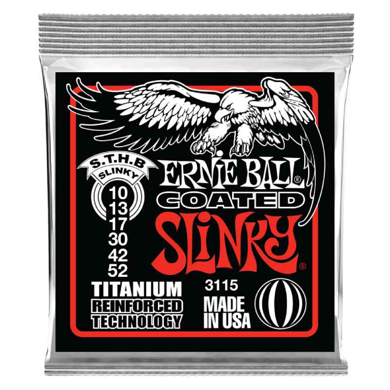 ERNIE BALL/エレキ弦 Coated Slinkyコーテッド・スリンキーは、ワウンド弦に巻きつけるワイアーにエナメルを焼き付けることで超極薄のエナメルコーティングを施したワウンド弦を採用しています。さらに、プレーン弦に対しては、チタニウムによるレインフォースド・テクノロジーを採用することで、更なる耐久性も実現させました。錆びや腐食に強いコーティング弦ならではのロングライフ設計。プレーン弦のボールエンド部にはチタニウム・ワイアーを巻き付けたレインフォースド・テクノロジーを採用。ボールエンド部でのズレや弦切れを防ぎ、従来の5〜7倍の強度を確保。COATED SLINKY TOP HEAVY BOTTOM SLINKY[#3115]10-13-17-30-42-52