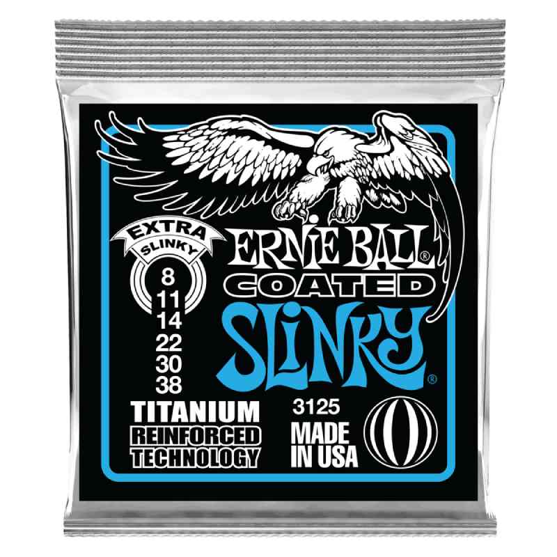 ERNIE BALL/エレキ弦 Coated Slinkyコーテッド・スリンキーは、ワウンド弦に巻きつけるワイアーにエナメルを焼き付けることで超極薄のエナメルコーティングを施したワウンド弦を採用しています。さらに、プレーン弦に対しては、チタニウムによるレインフォースド・テクノロジーを採用することで、更なる耐久性も実現させました。錆びや腐食に強いコーティング弦ならではのロングライフ設計。プレーン弦のボールエンド部にはチタニウム・ワイアーを巻き付けたレインフォースド・テクノロジーを採用。ボールエンド部でのズレや弦切れを防ぎ、従来の5〜7倍の強度を確保。COATED EXTRA SLINKY[#3125]8-11-14-22-30-38