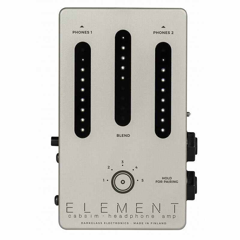 ミュージシャンの為のマルチツール「ELEMENT」【特徴】ELEMENTはミュージシャンが日常的に行うタスクをサポートするマルチツールとしてデザインされました。最もベースとなる機能としてIRキャビネットシュミレーターを搭載しており、ギターキャビネットとベースキャビネットのIRが多数用意されています。Darkglass Suiteアプリを使用し、お好みのIRを最大5つまで本体に記憶させることが可能です。練習の際にはBluetoothもしくはステレオミニジャックで接続した音源に合わせて、キャビネットシュミレーションを通ったリアルなサウンドをヘッドフォンから聞くことができます。XLRバランスアウトプットを搭載しており、自宅でキャビネットシュミレーションを使用したサイレントレコーディングを行ったり、ステージではPAにキャビネットシュミレーションを通したリアルなサウンドを送ることができるDIとしても機能します。ギター、ベースのみではなくライン入力やアンプのスピーカーアウトからの入力も可能ですので、様々な楽器に使用できます。【詳細情報】インプットインピーダンス：2 Mohm(odB), 18 kohm(-12dB), 12 kohm(-30dB)DIMENSIONS：64mm x 111mm x 35mm