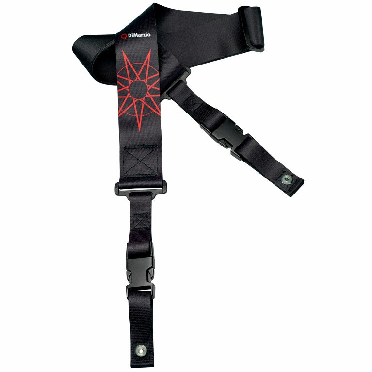 過去約20年間に渡り音楽シーンを席巻してきたバンド；Slipknotのギタリストであるジム・ルート氏(ナンバリング #4)がDiMarzio® ギターストラップを長年愛用していること、そして米ビルボード1位にチャートインしたSlipknotのアルバム「We Are Not Your Kind」の発売を記念して、ClipLock®・タイプ/スタンダード・タイプよりシグネチャー・ストラップを発売。Slipknotの九芒星ロゴ（Nonagram）がデザインされ、個性的で存在感ある印象を与えます。DiMarzio® ClipLock® クイック・リリース・ギター・ストラップは、ギターのエンドピン部分を固定し、ストラップが外れることによるギターの落下を防ぎます。また、クリップ部分をつまむことで、ワンタッチでストラップを取り外すことができ、バッグやケースへの収納時やメンテナンス時などに邪魔になりません。素材：マイクロファイバー(ストラップバンド部)、プラスチック(パーツ部）長さ：43.5〜63.5 inches (約110〜約161cm)幅 ：2 inches (約5cm)　