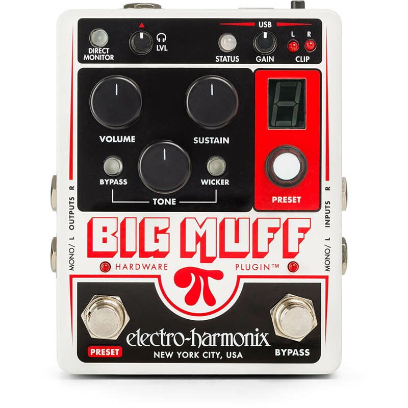 Big Muff Pi® Hardware Plugin® は、従来の DAW プラグインの限界を超え、アナログサウンドのユニークなクオリティをデジタルレコーディングにもたらす新しいタイプの製品です。標準的な DAW プラグインのように動作しますが、録音されたトラックはelectro-harmonixのBig Muff Piの実際のアナログ回路を経由します。もちろん、Pro Tools®, Ableton Live®, Cubase®, GarageBand®, Logic Pro X®, Reaperといった非常に人気のある DAW とシームレスに統合することができます。Big Muff Pi を DAW に USB 接続し、トラックを選択してプラグインウィンドウを開くだけです。ソフトウェアのエミュレーションではなく、本物のクリッピング・ダイオード、トランジスタによるオーバードライブ、そして使用環境そのものがあなたのサウンドを彩ります。Big Muff Pi Hardware Plugin は、伝説の1973年製 Violet Ram's HeadBig Muff の回路設計を再現し、ペダル単体として使用することが可能です。このペダルは、ディストーション・エフェクターのスタンダードを確立し、数え切れないほどの有名なレコーディングで聴くことができます。その独特のアーティキュレーションと卓越したサステインは有名ですが、本製品では本格的なステレオ仕様にアップデートされています。哭きのソロ、クランチなリズム、ファットなドラム、轟くベース。あなたのミックスのあらゆるトラックや楽器のサウンドを盛り上げることができます。Big Muff Pi Hardware Pluginは、ギタリストだけでなく、すべてのデジタルレコーディング・アーティストとデスクトップ・ミュージシャンに本格的なアナログの世界を提供します！" 世界で最も愛されているハーモニックディストーション /サスティナーをプラグインにしました！ "　 - Mike Matthews -Specification■アナログの温もりと魔法をデジタルの世界にもたらします。ギターだけでなく、キーボードやドラム、ボーカルにも最適です。■Pro Tools®, Ableton Live®, Cubase®, GarageBand®, Logic Pro X などの標準的な DAW とシームレスに統合。■標準的な DAW プラグインのように動作し、ペダル単体としても使用可能。■伝説の 1973 年製 Violet Ram's Head Big Muff の回路設計をそのまま採用し、本格的なステレオ機能の追加を含む幾つかのアップデートがされました。■Tone Wicker スイッチは、3段高域フィルターをオープンにすることでトップエンドにうねりやバイト感を加えます。■Tone Bypass ボタンでトーンコントロールを無効化。■フットスイッチでアクセス可能な 10 個のプリセットエリアを搭載。お気に入りのサウンドをセーブ / ロードすることができます。■汎用性の高い2 IN/2 OUTのUSBオーディオ・レコーディング・インターフェース。Big MuffエフェクトのON/OFFに拘わらず録音可能。■EHX 9.6DC-200 アダプター付属。USB 2.0 Type B ポートを使用して PC からの電源供給も可能。■サイズ：102 mm (w) x 120 mm (d) x 57 mm (h)