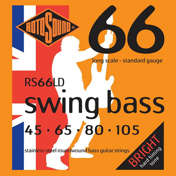 Rotosound ( ロトサウンド ) ベース弦 Swing Bass 66 Standard Stainless Steel Roundwound, RS66LD (.045-.105) 810mm ～ 860mm | 32″ ～ 34″ RS66LDは、810mm～860mm(32～34インチ)ロングスケールのエレクトリック・ベース弦です。 明るくパンチの効いたハイエナジーなサウンドを実現するSwing Bass 66シリーズの弦は、ジェームス・ハウとThe Whoのジョン・エントウィッスル(John Entwistle)が完成させたラウンドワウンド弦で、初期のロックミュージックの歴史に大きな影響を与えました。 ●Made in United Kingdom ■String Gauges: .045 / .065 / .080 / .105 ■Material: Stainless Steel Roundwound ■Tone: Bright ■Output: Medium RS66LD | SWING BASS 66 STANDARD | 45-105 LONG SCALE ジェームズ・ハウとジョン・エントウィッスルによって完成され、業界標準となったラウンドワウンド弦です。 ブライトで、パンチがあり、高エネルギーなサウンドのSwing Bass 66弦は初期ロックの歴史において主要な役割を担い、ベースプレイヤーの立ち位置を後列からステージの正面へ変化させました。