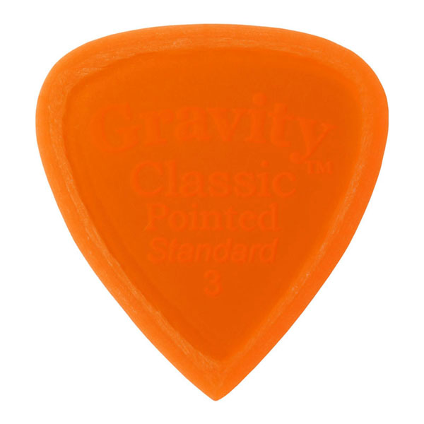 グラヴィティ ギター ピック　Classic Pointed - Standard, Master Finish 形状：Classic Pointed - Standard 厚さ：3.0mm, Orange 材質：アクリル 加工：Master Finish(Unpolished) 販売単位：1枚 Master Finish(Unpolished) ピックのエッジをあえて磨き上げず、そのままの状態で仕上げられるマスターフィニッシュ。 弦を滑らかに滑るポリッシュ仕上げに比べ、若干の手応えを感じる弾き心地と、よりブライトなサウンドを生み出します。