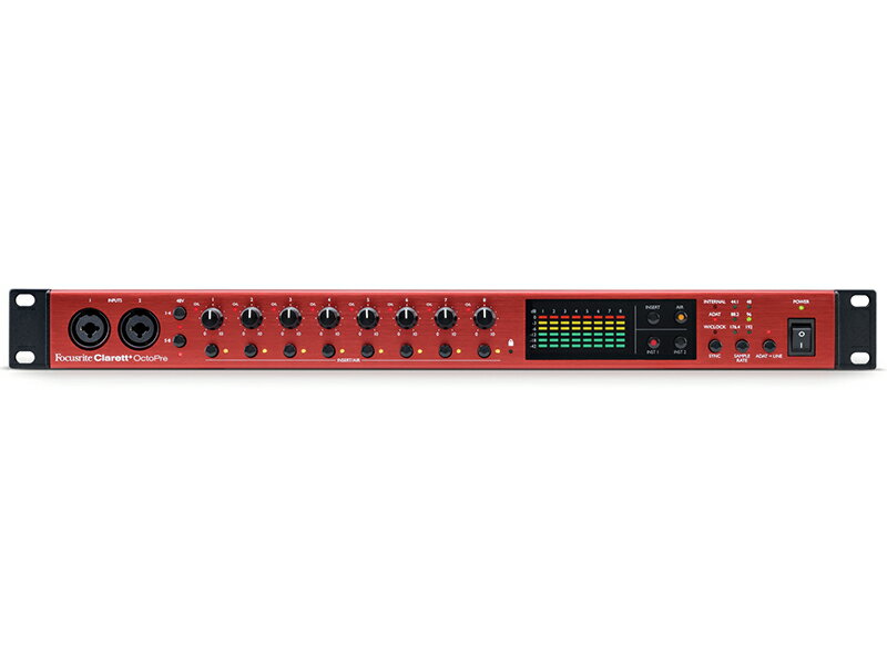 8チャンネルADATマイクロフォンプリアンプ CLARETT+ OctoPre・マイクプリアンプ Clarett+Octopre は、楽器のサウンドをそのままにスタジオクオリティのクリアなレコーディングを実現するマイクプリアンプです。リレー制御のアナログ Air 回路はクラシックな Focusrite ISA 110 サウンドをエミュレートし、ドラム、ボーカル、アコースティックギター等、入力されたサウンドはスタジオコンソールで収録したかのようなクオリティーを得られます。またギターに最適なインストゥルメント入力は JFET 回路を採用することで、ギターの特性を生かしたピュアなサウンドで収録し、アンプに接続したときのような高音域を得ることが可能です。Clarett+ OctoPre をあなたの制作デバイスに追加し、環境や用途に応じた柔軟なセットアップを実現します。原音そのままのサウンドをインプット Clarett+ マイクプリを使用したサウンドは118dB のダイナミックレンジと 129dBu の EIN、完全バランスの信号経路を実現した回路によりどんなセッションでも超低ノイズでクリーンな自然な響きをそのままにクリアなレコーディングサウンドを実現します。ギター本来のサウンド ギター本来の特性を最大限に生かすJFET ギター入力回路を採用。最適な入力インピーダンスによるワイドで高音域の純度を保つサウンドはアンプに直接接続しているような感覚を得られまアナログ Air 回路で得られるクラシックコンソールのサウンド すべてのチャンネルにリレー制御で高品質アナログ回路をインサートする Air スイッチを搭載。インピーダンスを 2.2k&Omega;に切り替え、2 つの累積的なハイシェルフ特性を追加し、合計で高音域を 4dB ブースト。オリジナルの Focusrite コンソールのサウンドを実現します。柔軟なインサート設計 全てのチャンネルに搭載されたチャンネルインサートを使用すれば、お気に入りのアウトボードが持つキャラクターをサウンドに追加することが可能です。改良型 A-D/D-A コンバーターにより 正確なマルチトラッキングを実現 改良型 A-D コンバーターと Clarett+ プリアンプにより超低ノイズと超低歪率を実現。ミキシングに最適でプロフェッショナルなサウンドを提供します。同様に改良された D-A コンバーターによるクリアで正確な出力回路によりシンプルで理想的な出力システムを構築します。ADAT 経由で簡単かつ安定的に I/O を拡張 Clarett＋インターフェースシリーズの入力拡張に最適。もちろんその他の ADAT 入出力を搭載した機器の I/O を拡張し、クラシックなFocusrite のサウンドをシステムに追加することも可能です。より安定した同期の為のWORDCLOCK 入出力も備えています。Plug-in Collective クリエイターに刺激を与えるコンテンツとして提供している&rdquo; Plug-in Collective&rdquo; サービス。信頼するソフトウェアメーカーから革新的なソフトウェアインストゥルメントやエフェクトの無償提供やディスカウントを行っています。 Plug-in Collective は製品を登録すると定期的にアカウントページより提供されます。豊富なバンドルソフトウェアライセンス Focusrite が提携する人気ソフトウェアメーカーのプラグインパック&rdquo; HITMAKER EXPANTION&rdquo; が付属。音楽制作をサポートします。 ・Brainworx Bx_console Focusrite SC ・Brainworx bx_masterdesk ・Brainworx bx_oberhausen ・Focusrite Red 2 &amp; 3 Plug-in Suite ・Antares Auto-Tune Access ・Relab LX480 Essentials ・Softube Marshall Silver Jubilee 2555 ・XLN Audio Addictive Keys ・XLN Audio Addictive Drums 2: Studio Rock※本製品はマイクプリアンプです。オーディオインターフェイスの機能はございません。主な仕様 ◆ サイズ ● 482 mm x 286 mm x 44.5 mm ● 4.6 kg ◆ 対応サンプルレート ● 44.1 , 48 , 88.2 , 96 , 176.4 , 192 kHz * 設定レートによりチャンネル数、ADAT ポートの制限あり ・44.1/48kHz の場合、1 ポート使用 8 チャンネル ・88.2/96kHz の場合、2 ポート使用 8 チャンネル &nbsp;&nbsp; &nbsp;( ポート 1 [1-4ch]、ポート 2[ 5-8ch] ) ・176.2/192kHz の場合 、2 ポート使用 4 チャンネル &nbsp;&nbsp; &nbsp; ( ポート 1 [1/2ch]、ポート 2 [3/4ch] ） ◆ 同梱品 ● 電源ケーブル ※上記製品仕様は2022年05月時点のものです。 随時更新するよう努めてはおりますが、最新状況は常に変動するため合わせてメーカーでもご確認下さい。 &nbsp;