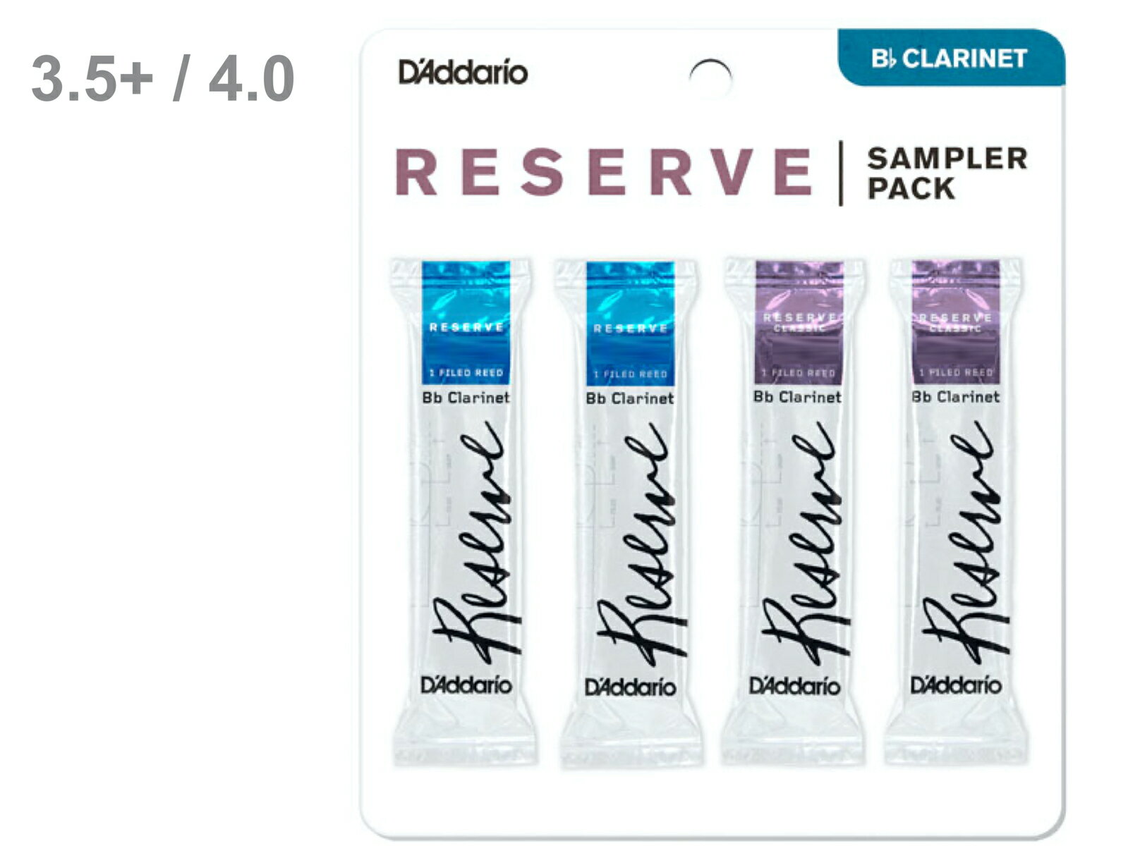 【メール便出荷品】 D'Addario Woodwinds ( ダダリオ ウッドウィンズ ) DRS-C355 レゼルヴサンプラーパック リード 4枚 B♭ クラリネット レゼルブ スタンダード クラシック 各2枚 3.5+ 4番 RESERVE clarinet reed 【北海道不可/沖縄不可/離島不可/同梱不可/代引き不可】