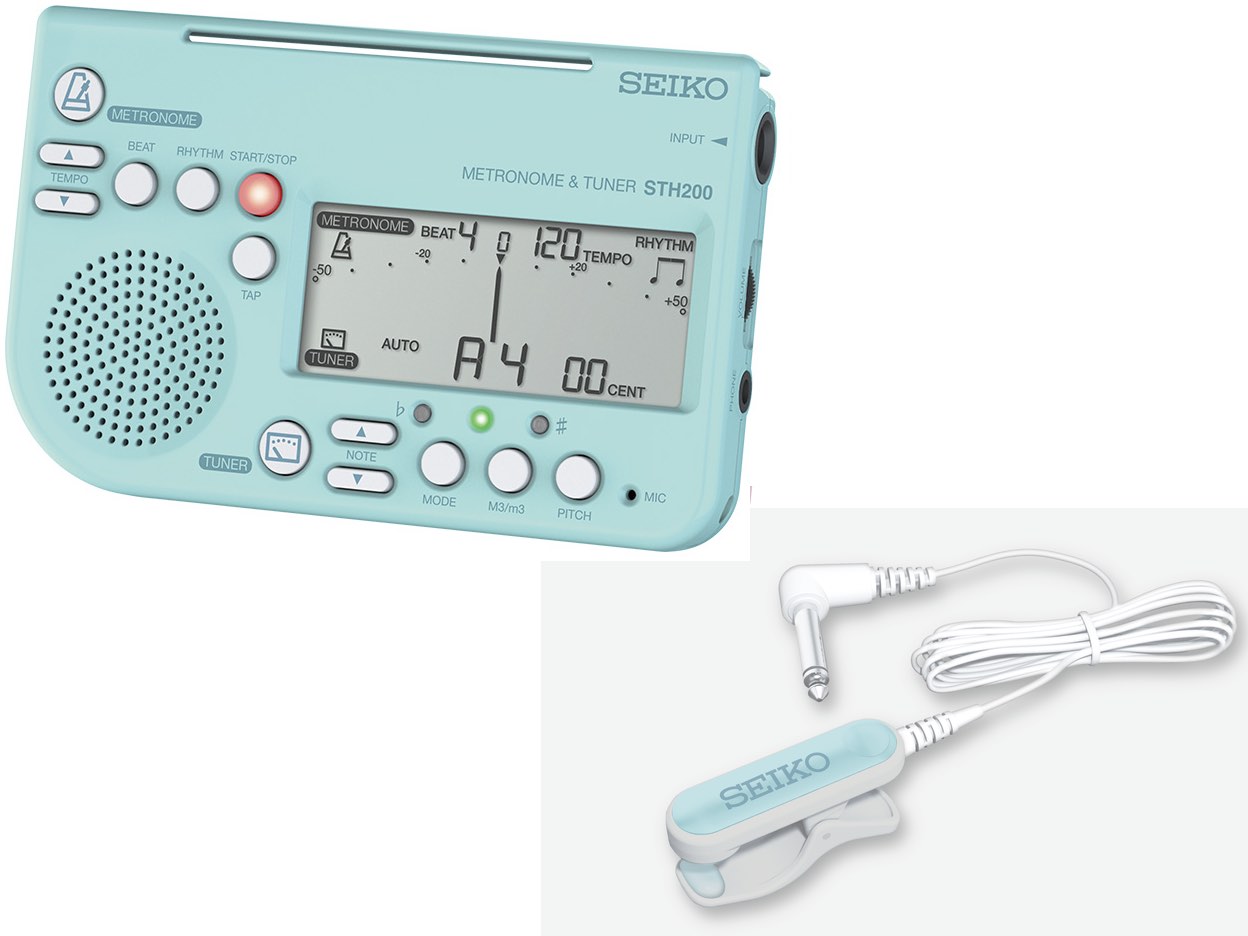 発送方法のご希望によって出荷時に梱包サイズの調整のため開封する場合がございます。 &nbsp;チューナーマイク付きセット。1台で3役！同時に使えるメトロノーム+チューナー+基準音発振 &nbsp; こちらの売りとしては譜面台に取り付けもできます。 初心者から中、上級者の日々の練習をしっかりサポートします。 チューナーとメトロノームが同時に使えるのは管楽器の練習にはかかせませんよね。吹奏楽では綺麗なハーモニーを奏でるためにも、疲れやクセで段々と下がってしまうピッチ、指遣いによって微妙にアンブシュアを変えたりと演奏中にも一定の音を保つ必要があります。 曲の演奏中には手がふさがっていますので、音を聞きながらメーターでチューニングができるのはいちいち切り替える必要がなくとても便利です。 &nbsp; &nbsp;聴き取りやすい大音量。 クラリネット風　基準音 純正長三度・短三度の調律サポート 譜面台取付可能なスリット 100gを切った小型軽量モデル &nbsp; ●大音量、クラリネット風の基準音 演奏中も聴き取りやすい大音量のメトロノーム、クラリネット風の基準音でテンポやピッチのトレーニングに最適です。 ●譜面台取付用スリット 譜面台にスマートに取り付けられる新設計のスリットにより譜読み、譜めくり時に邪魔になりません。 ●純正長三度、短三度調律サポート 純正三度でのハモリ練習をサポートする新機能（M3、m3モード）搭載。ワンランク上の練習に便利です。ピックアップマイクを使用するとクラリネット風の基準音を聴きながらハーモニートレーニングができます。 ●軽量、コンパクト、省エネ 持ち運びに便利な小型軽量ボディ。 単4電池1本で使えて省エネかつ経済的です。 &nbsp; SEIKO STH200 metronome &amp; tuner メトロノーム チューナーチューナー ■調律モード AUTO, MANUAL, SOUND ■調律範囲・精度 A0〜C8（正弦波入力時）・&plusmn;1セント ■基準音範囲・精度 C3〜C6・&plusmn;1セント ■基準ピッチ範囲 A4=415, 438〜445Hz ■その他 M3/m3モード（純正長三度、純正短三度調律サポート）メトロノーム ■テンポ範囲・精度 30〜250回/分・&plusmn;0.1% ■ビート（拍子） 0〜7拍子 ■リズム ■タップ機能 ありその他 ■サイズ 114(横) x 72(縦) x 17(奥行) mm ■重量 96g（電池含む） ■電源 単4形アルカリ乾電池&times;1本(1.5V) ■音量調節 ダイヤル式無段階設定 ■INPUT 内蔵マイク、&phi;6mmモノラルジャック ■OUTPUT &phi;3.5mmイヤホンジャック、ダイナミック・スピーカー ■オートオフ時間 20分（チューナー）、5分（基準音）、20分（メトロノーム待機） ■メモリーバックアップ MANUALモードの音名、SOUNDモードのオクターブ・音名、基準ピッチ、M3/m3モード、テンポ、ビート、リズム ■付属品 単4形アルカリ乾電池&times;1本（動作確認用） 、取扱説明書※細かい仕様が異なる場合がございます。 &nbsp; &nbsp; STM30 クリップ式 チューナー用 ピックアップマイク クリップ部分をギターのヘッド、バイオリンの駒、管楽器のベルなどに装着し、振動を直接チューナーに送るピックアップマイクです。（クリップ式） ブラスバンドでの全体練習時など、チューナー内蔵マイクでは自身の音を感知しづらい時などになくてはならないアイテムです。振動を直接チューナーに送るので周囲の環境の影響を受けずに確実にチューニングできます。従来モデル（STM20）に比べ屈曲耐久性が約7倍にアップ。 注意すべき点はチューナー側にこちらのを接続するフォーンプラグがあること。また、楽器本体にマイクを挟む箇所があること。チューナーは小さいものでなければだいたいの製品がエレキギターのケーブルと同じフォンジャックの接続箇所があるはずです。(小さいものはマイク付きで挟むタイプが多いのでそもそも必要はないと思いますが...)楽器に挟むことができるかどうかは絶対にここでなくてはならないということではありません。挟む箇所によっては音がひろいにくい箇所もあると思います。よって自己判断になりますのでご了承下さい。 &nbsp;■チューニングマイクロフォン ■標準ジャック径；直径6.3mm ■使用可能な楽器例：アコースティックギター、ウクレレ、マンドリン、トランペット、ユーフォニアム、チューバ、クラリネット、フリューゲル、ホルン、トロンボーン、バイオリンなど、本体にこちらを挟むことができる楽器全て。■L字プラグ■重量：30g■ケーブル長さ：1.5m※長時間楽器人取り付けたまま放置いたしますと、楽器の塗装面を痛める恐れがございますので、ご使用後は必ず楽器本体から取り外してください。画像と細かい仕様がかわる場合がございます。 &nbsp; &nbsp; &nbsp;