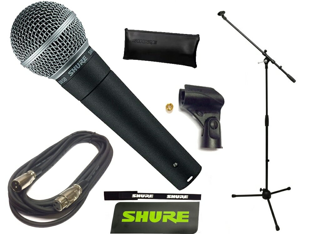 ■ SHURE ( シュア ) SM58-LCE お手頃 マイクスタンドセット（XLR-XLR 5メートルケーブル同梱）■ シンプルでお手頃なマイクスタンドが定番マイクとセットでお買い得です！ &nbsp; ◆&nbsp;世界標準マイク SHURE SM58 と標準的なブームマイクスタンドをお買い得なセットにしました。 5メートルのマイクケーブル（キャノン端子）も同梱します。 スタンドとケーブルはできるだけお手頃な価格のものを選択し、少しでも気軽に手に取っていただけることを目指しました。 マイク本体にON/OFFスイッチ付きのSM58SEとの違いはスイッチがあるか無いかです。ボリュームや使うマイクの切り替えといった操作はミキサー側ですることが多く、マイク本体のスイッチを入れ忘れて音を拾ってない！というトラブルを防ぎます。 &nbsp; マイクスタンドにはマイクホルダーが付属します。さらにブーム部を取り外せばストレートスタンドとしても対応可能です。 SM58にもマイクホルダーは付属しますが、どちらかを予備に持っておけば万が一ホルダーが破損、紛失してしまっても安心です。 自宅に置くのもステージに持って行くのもお気に入りのマイクスタンドで音楽ライフを盛り上げていきましょう！ &nbsp; &nbsp;◆ SHURE ( シュア ) SM58-LCE お手頃 マイクスタンドセット （XLR-XLR 5メートルケーブル同梱） ▼セット内容 ▼説明・備考 ▼数量 1. SHURE SM58-LCE ダイナミックマイク 1本 2. ARIA MIS-101B マイクスタンド 1本 3. JEUME MXX05 マイクケーブル 5メートル ( XLR-XLR ) 1本 4. マイクホルダー SM58-LCEとマイクスタンドに1個ずつ付属 2個 5. マイクポーチ SM58-LCE付属品 1本 6. ケーブルタイ SM58-LCE付属品 1本 7. 3/8&quot;&rarr;5/8&quot;変換ねじ SM58-LCEとマイクスタンドに1個ずつ付属 2個 8. ステッカー SM58-LCE付属品 1本 &nbsp; ※ケーブルが品切れの際は同等品をご用意させていただく場合がございます。 ※画像とは細かな仕様が異なることがございます。 &nbsp;■ SHURE ( シュア ) SM58-LCE ◆ ダイナミックマイク カーディオイド SHURE SM58LCE ◆ ボーカルの温かさと繊細さを引き出し、磨き抜かれた音質と高い信頼性を誇る、ダイナミック・マイクロホン。 ◆ バックグラウンドノイズを低減し、ボーカルを際立たせるカーディオイドの指向特性。 ◆ ハンドリングノイズやポップノイズへの対策も万全。 ◆ ON/OFF スイッチ なし &nbsp; &nbsp;◆特徴 ・際立つ中音域、低音域のロールオフにより、ボーカル用に最適に調整された周波数特性 ・均一なカーディオイド・ピックアップ・パターンが主音源を分離し、周囲の雑音を最小限にカット ・エアー式ショック・マウント・システムがハンドリング・ノイズをシャットアウト ・高性能な、内蔵の球形ウィンド/ポップ・フィルタを搭載 ・180度回転可能で、衝撃にも耐えるスタンド・アダプタが付属 ・Shureの誇る、高品質、高耐久性、信頼性 ・カーディオイド (単一指向性)、ダイナミック型モデル ・周波数特性:50 Hz〜15 KHz ◆ SM58はどのような用途に適していますか？ ライブ・パフォーマンス、スタジオ・レコーディングでのボーカル収音のために生まれた、プロ仕様の単一指向性 (カーディオイド) ダイナミック型ボーカル・マイクロホンです。 本製品はボーカル用に最適な応答特性を備え、歌やスピーチのワールド・スタンダード・サウンドを再現します。高性能な内蔵の球形フィルタは、風や息による「ポップ」ノイズを最小限に抑えます。また、ライブハウスの標準マイクとしてクラブのDJやライブシーンでもよく活用されるマイクロホンです。 &nbsp; ◆ スペック エレメント ◆ ダイナミック 周波数特性 ◆ 40Hz〜15kHz ポーラパターン ◆ カーディオイド インピーダンス ◆ 150&Omega; 開回路感度 ◆ -54.5dB re 1V/Pa サイズ ◆ &phi;51&times;全長165mm、310g 付属品 ◆ マイクホルダー、マイクポーチ、ケーブルタイ、3/8&quot;&rarr;5/8&quot;変換ねじ、ステッカー &nbsp;■ ARIA ( アリア ) MIS-101B マイクスタンド 非常にお手頃な値段で、シンプルなブームタイプのマイクスタンドです。 ブーム部分を取り外すことでストレートスタンドとして使用可能！ &nbsp; ◆ スペック 本体カラー ◆ ブラック マイクホルダー接続部 ◆ 3/8インチ 本体重量 ◆ 約1.9kg Height ◆ 1005〜1630mm ( ストレートスタンドとして使う場合 905〜1530mm ) Length (boom) ◆ 790mm Radius (leg) ◆ 約360mm 付属品 ◆ マイクホルダー (MIS-S)、3/8&quot;&rarr;5/8&quot; 変換ネジ 備考 ◆ マイクホルダーはマイクスタンドの箱に同梱、変換ネジはスタンドに取り付けられています。 &nbsp;