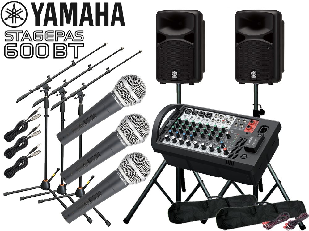 YAMAHA ( ヤマハ ) STAGEPAS600BT マイク3本とマイクスタンド3本 スピーカースタンド (K306B/ペア) 【SPスタンドをシ…