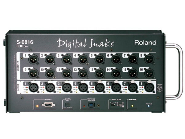 ROLAND ( ローランド )　S-0816 FOHユニット コンパクト・ボディーで8+16=24チャンネルの高音質デジタル伝送を実現。 【高音質リモート・ヘッドアンプ搭載のコンパクト・デジタル・スネーク】 高音質と使い易さで好評の&rdquo;RSS Digital Snake&rdquo;に、コンパクトなモデルが登場。 移動や設置がさらに便利に。高音質リモート・ヘッドアンプで快適にゲインアップ。 そして高音質のまま長距離※デジタル伝送。スプリッターで分岐や延長も簡単。 毎日のSRに、常設設備に、収録に。RSS Digtal Snakeシステムをぜひご活用ください。 ※CAT5ケーブルで100m。オプティカルへの変換により数km（条件による）の伝送も可能。 * 8チャンネル（FOH&rarr;STAGE）+16チャンネル（STAGE&rarr;FOH）を同時に伝送。 * デジタル伝送には[REAC]を採用。汎用のCAT5ケーブルで伝送が可能。 * 低レイテンシー、24ビット/96kHz の高音質伝送。 * 分岐や延長も簡単。 * ステージで使いやすい床置きタイプ。同梱パーツでラックマウントも可能。 * 高音質かつローノイズのリモート・ヘッドアンプを入力全チャンネルに搭載。 チャンネル数 8チャンネル入力／16チャンネル出力 AD変換 サンプリング周波数：96.0kHz 信号処理：24ビット DA変換 サンプリング周波数：96.0kHz 信号処理：24ビット 周波数特性 -2dB／+0dB（@ +4dBu、20Hz〜20kHz） 全高調波ひずみ率 0.05%以下（Pad: On, Input Gain: +4 dBu, 22 to 20kHz） ダイナミック・レンジ 110dB クロス・トーク -80dB or less（Input Gain: +4dBu, typ.） 規定入力レベル -65〜-10dBu（PAD：オフ） -45〜+10dBu（PAD：オン） （1dBステップ、最大+28dBu） PAD 20dBオン／オフ 入力インピーダンス 14k&Omega; 規定出力レベル +4dBu固定（最大+22dBu） 出力インピーダンス 600&Omega; 推奨負荷インピーダンス 10k&Omega;以上 残留ノイズ・レベル（IHF-A、typ.） -80dBu以下 等価入力雑音レベル（E.I.N.) -124dB ネットワーク遅延時間 375&mu;s（AD&rarr;REAC&rarr;DA遅延時間：約1.2ms） ※REACスプリッターS-4000-SP通過により遅延が発生します。　（最大0.2mSec） コネクター インプット&times;8（XLRタイプ、バランス、ファンタム電源） アウトプット&times;16（XLRタイプ、バランス） DIGITAL OUTコネクター&times;1（オプティカル・タイプ） REACコネクター&times;1（RJ-45 EtherConタイプ） リモート・コネクター&times;1（RS-232C、9ピンD-subタイプ） インジケーター POWERインジケーター REACインジケーター REMOTEインジケーター MUTE ALL OUTPUTSインジケーター 電源 AC100V（50/60Hz） 消費電力 45W ファンタム電源 +48V／14mA（各インプットチャンネル、リモート・コントロール可能） 外形寸法 / 質量 幅(W) 401 mm 奥行き(D) 135 mm 高さ(H) 177 mm 質量 5.5 kg 質量は、ラック・マウント・アングルを含みます。 ※製品の仕様及び内容は改良のため予告なく変更することがあります。 ■ ローランド独自のデジタル伝送「REAC」を採用 REAC(Roland Ethernet Audio Communication)を採用。 低レイテンシーかつ24bit/96kHzの高音質でデジタル伝送します。 電磁誘導ノイズや音質劣化など、アナログ伝送で発生するトラブルは無縁。 REACによる伝送はシステム性も高く、分岐や延長も簡単です。 [REACスプリッター：S-4000-SP(別売)] [REAC ケーブル (100m) リール付き：W100S-R(別売)] ■ 高音質ヘッドアンプを採用 全入力にファンタム電源付き高音質ヘッドアンプを採用。 専用リモート・コントローラー S-4000R で快適に設定できます。 最適な状態にゲインアップした入力信号を、新鮮な状態でデジタルに変換、音質劣化なく長距離伝送します。 [リモートコントローラー：S-4000R(別売)] [リモート・コントロール・ソフトウェア：S-4000RCS(無償)] ■ 床置きにもラックマウントにも対応 サイドにハンドルが付いた運びやすい床置きデザイン。ステージ上での設置も快適です。 ステージの上手/下手にそれぞれ1台づつ設置する、など状況に応じたフレキシブルな設置に対応します。 （ラックマウント金具付属）