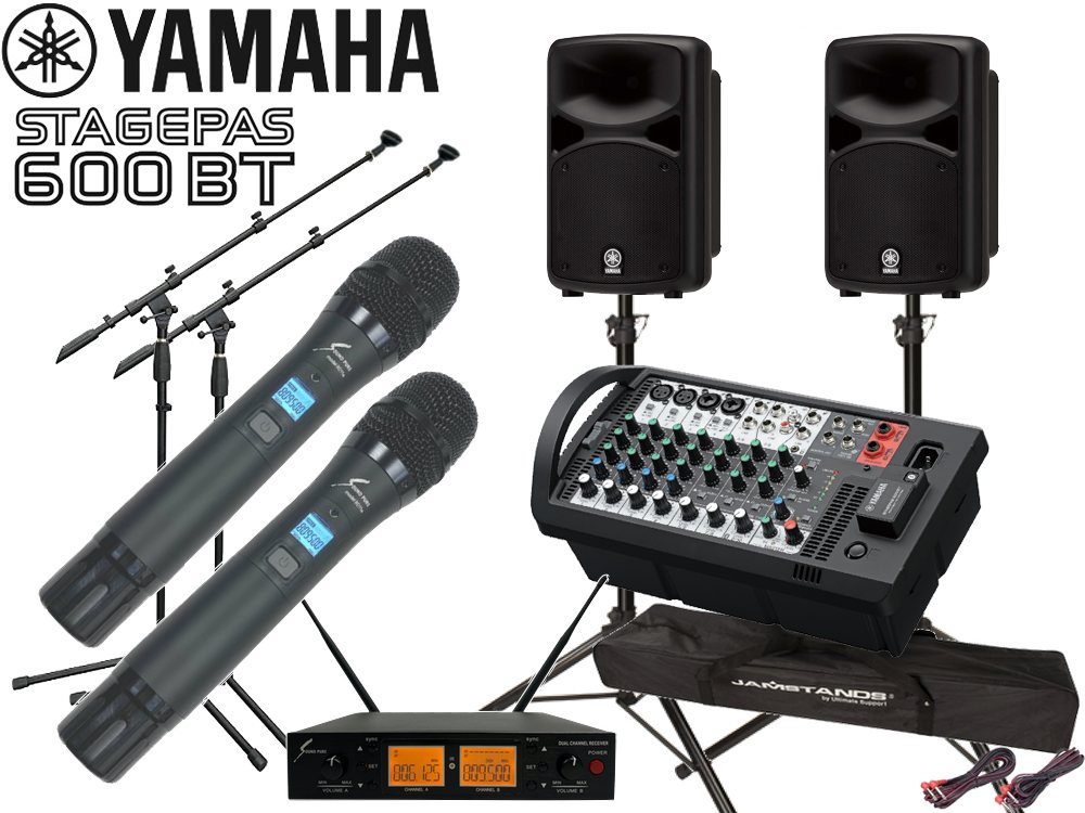 YAMAHA ( ヤマハ ) STAGEPAS600BT SOUNDPURE ワイヤレスマイク ハンドタイプ2本とマイクスタンド2本 スピーカースタンド (JS-TS50-2/ペア) セット ステージパス600BT