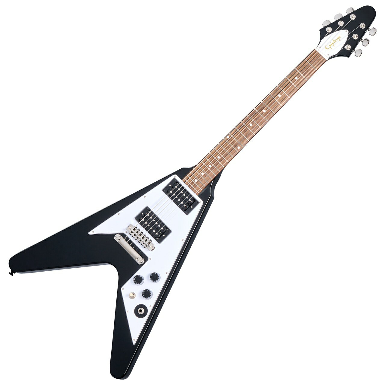 カーク・ハメットの1979 年製Flying V は、世界中のメタリカ・ファンにとってお馴染みのギターです。そのギターはカークにとって初のギブソンであり、ギブソン・ギターへの情熱を確立した記念すべき1本です。購入のきっかけは、カークが当時憧れていた有名なFlying Vプレイヤーに触発されたことと、よりふくよかなサウンドを求めていたことに由来します。カークはそのオリジナルギターを今でも弾き続けており、『Kill &#39;Em All』、『Ride the Lightning』、『Master of Puppets』、『...And Justice for All』、『The Black Album』など、初期のメタリカのすべてのアルバムでそのギターを使用しました。カークのFlying V はヘヴィメタル界で最も重要なギターのひとつとして高い評価を得ています。 エピフォンは、ギブソン・カスタムショップとの連携のもと、カークのオリジナルギターを念入りに再現した Epiphone Kirk Hammett 1979 Flying V をリリースします。マホガニー・ボディ、ボリュート付きワンピース・マホガニー・ネック、「スペード」ボタン付きGrover Rotomatic マシンヘッド、そしてカスタム・ブリッジを搭載。エレクトロニクスも一流で、ギブソンUSA キャリブレーテッドT タイプ・ハムバッカー ピックアップ、&trade;CTS ポテンショメーター、Orange Dropコンデンサー、Switchcraft 3ウェイ・ピックアップ・セレクター・トグル・スイッチ、1/4 &quot;アウトプット・ジャックを装備。ヘッドストック裏にはカーク・ハメットのロゴがあしらわれています。赤い豪華な内装のブラック・ハードシェル・ケースが付属します。 画像はメーカー画像です。お届けの商品とは仕様や木目・色合いが異る場合があります。 他のサイトでも販売しています。買い物かごに入れても売り切れの場合がございますのであらかじめご了承下さいませ &nbsp; Body Material Mahogany Body Finish Gloss Neck Profile Rounded &quot;C&quot; with Volute Scale Length 628.65 mm / 24.75 in Fingerboard Material Indian Laurel Fingerboard Radius 304.8 mm / 12 in Fret Count 22 Frets Medium Jumbo Nut Material Graph Tech Nut Width 43.0 mm / 1.692 in Inlays Mother of Pearl Dot Joint Glued In, Set Neck Bridge Custom Bridge Tailpiece LockTone Stop Bar Tuning Machines Grover Rotomatic with Spade Button Pickguard White 70s Flying V, 3-ply Truss Rod Dual Action Truss Rod Cover White 70s Flying V, 3-ply, with Epiphone Logo in Gold Hotstamp Neck Pickup Gibson USA Calibrated T-Type Bridge Pickup Gibson USA Calibrated T-Type Controls 2 Volume, Master Tone, CTS Potentiometers, Orange Drop Capacitor Pickup Selector Switchcraft 3-way Toggle Output Jack Switchcraft 1/4&quot; Strings Gauge .010, .013, .017, .026, .036, .046
