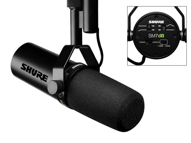 SHURE ( シュア ) SM7dB ◆&nbsp; プリアンプ内蔵 ダイナミックボーカルマイクロホン ◆ 国内正規品 2年保証 ［ 特徴 ］ SM7dB プリアンプ内蔵 ダイナミックボーカルマイクロホン &ldquo;マイク界のキング&rdquo;ともいわれるアイコニックなマイクに、新たなラインアップが追加されました。Shure SM7dBは、長年愛されてきたSM7Bのサウンドはそのままに、レコーディングに必要なゲインを提供する便利なプリアンプを内蔵しています。伝説的SM7Bのサウンドを受け継いだこのXLRダイナミックマイクロホンの新製品は、ポッドキャスター、ストリーマー、コンテンツクリエイターが、どのような配信環境でも完璧な音を簡単に収音できるように設計されています。 伝説的なマイクロホンが築いた、 次への進化。 SM7dBダイナミックボーカルマイクロホンは低ノイズ、フラットで安定したゲインを提供するプリアンプを内蔵し、マイクの周波数特性を保持してクリーンでクラシックなサウンドを実現します。あらゆるインターフェースに対応、デスク回りをスッキリさせたい方に最適なアイテムです。 ・プリアンプから+18dBまたは+28dBのブーストを選択できます。 ・フラットで広範囲な周波数特性により、音楽やスピーチを非常に自然でナチュラルに再現。 ・プリアンプのバイパススイッチを備えているので、プリアンプを無効にして元のSM7Bの性能に戻すことも可能 ・低域ロールオフと中域を強調した（プレゼンスブースト）設定スイッチ ・電磁ハム・ノイズに対する遮蔽性の向上により、コンピュータ・モニターによって生じる干渉をシャットアウト ・内蔵「エア・サスペンション式」ショックマウントにより、メカニカル・ノイズの伝達を事実上完全に排除 ・配信やナレーションの近接収音時でも、突発的なブレス・ノイズに対する保護対策を追加する必要がまったくない、高性能なポップ・フィルタを搭載 ・ヨーク・マウントには、取り付け/取り外しが簡単な締め付けスタンド・ナットが採用されており、マイクロホン設置の微調整が可能 ・均一な周波数特性を持つ、軸対称な伝統のカーディオイド指向特性が、最大限のセパレーションを実現すると同時に、収音軸を外れたときの音質劣化を最小限に抑制 ・頑丈な構造と優れたカートリッジ保護により、卓越した信頼性を実現 ◆内容物 ・SM7dBボーカルマイクロホン ・近接用ウインドスクリーン ・3/8&rdquo; スレッドネジアダプター