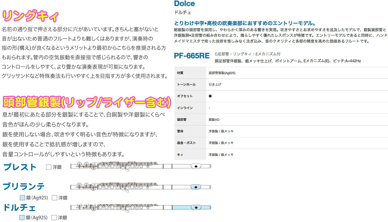 Pearl Flute パールフルート PF-665RE リングキィ フルート 頭部管 銀製 ドルチェ ...
