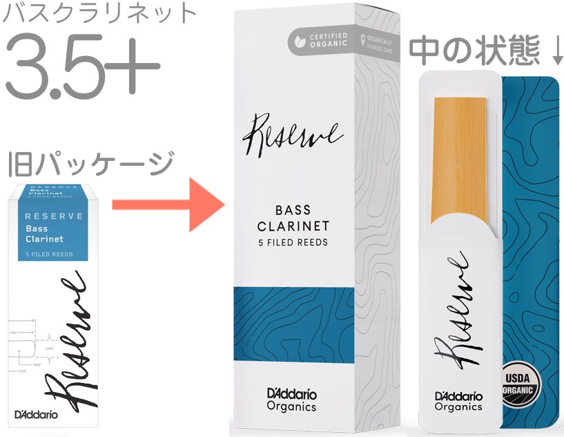 2023年10月末 環境に配慮したパッケージと内部包装に変わり品番にOがつく商品になりました。 &nbsp; &nbsp;「RICO」は「D&#39;Addario Woodwinds」へ、ブランド名を変更しました。 ダダリオ社は、ギター・ベース弦、バイオリン等のボウ・ストリング部門の弦メーカー として大変有名なブランドです。 これまでの開発力・技術力を活用して、さらに高品質のリードを提供できるブランドに成長しています。 &nbsp;▽各シリーズの違い▽ダダリオウッドウィンズのリードにはいくつかのシリーズがあります。 &nbsp; ・Grand Concert Select(グランドコンサートセレクト)：世界のトップ・プロ奏者の協力を得てクラシック/吹奏楽向けに開発されたリードです。安定した品質でコストパフォーマンスに優れています。ハート部分を厚くすることによって、よく響く、柔らかい、透明感のある音色を生み出し、すべての音域で、ピアニッシモからフォルティッシモまで均一で安定したサウンドを実現します。また、この斬新なカットが柔軟性を高め、アーティキュレーションや音程の切り替えを正確に行うことができます。グランド・コン サート・セレクトのリードは、ばらつきが少なく、これまでにない耐久性を備えています。 ・RICO：厚さをおさえたリードのため吹きやすく、特にジャズ奏者や学生に人気のモデルです1930年代から長きにわたって、多くの演奏家達に愛用されてきました。もっともしなやかなグレードのケーンから作られています。 ・RICO Royal：リコの仕様を基本に、ファイルドカットを施しました。手頃な価格が魅力でクラシックからジャズ奏者に広く人気のある商品です。強度も幅広く設定し、奏者の選択肢を広げています。柔軟性と素早いレスポンス。 ・La Voz(ラ・ヴォーズ)：世界の一流ジャズ・サクソフォン奏者、サクソフォン奏者から長年愛用されているリコと並ぶ「ジャズの定番」。ブルージーでパワフルなサウンド。優れた反応と高い演奏性をあわせ持っています。・Reserve(レゼルヴ)：はリコの約90年にも及ぶリードメイキングの集大成として開発された&ldquo;最高級ブランド&rdquo;です。繊維密度の詰まったケーン下部を厳選使用し、このキメ細やかでコシのある材料が十分な吹き応えと1箱全てにばらつきのない均一性をもたらしています。 &nbsp; ・JAZZ Select(ジャズセレクト)：ジャズセレクトは、リコがジャズ分野で培ってきたノウハウと世界の一流ジャズ奏者とのコラボレーションで誕生した、ジャズ／ポピュラー・ミュージックに最適のリードです。高品質のケーンを使用しており、ばらつきが少なく耐久性にも優れています。リコの「ジャズ・ポピュラーの定番」商品です。クリアで太い豊かなサウンド。そして素早いレスポンスと柔軟性に優れています &nbsp;▽特徴▽ リコの85年以上にも及ぶリードメイキングのノウハウを結集し研究・開発を経て誕生した、リコの技術の粋を集めた最高級リードです。これまでに無い均一性と耐久性を実現した、まさに革新のリード。 &nbsp;2017年6月 リコレゼルブクラシックよりダダリオレゼルブに変更しました。 変更点・リード中央部分が厚め・・・柔軟性に富み、ダイナミクスがつけやすい ・リード先端部が薄め・・・・・発音性の向上 ・強度追加・・・・・3+、4.5 が新規ラインナップ。より細やかなニーズに対応 &nbsp; &nbsp; &nbsp;飛躍的に向上した均一性と耐久性 材料であるケーンには、バラツキが少なく耐久性のある繊維密度の詰まった下部部分のみ厳選使用し、1箱の均一性を大幅に高めていま す。更に、工程途中で材料へ特別処理を行うことで、変化しやすいリード・コンディションの安定感が飛躍的に向上しました。演奏で水分を含んで起こりやすい 「波打ち」を軽減します。 &nbsp;中間強度「#3＋（プラス）」設定 強度は通常の#2〜#4.5に加え、中間強度の#3.（プラス）を追加。より、奏者の細やかなニーズに応える選択肢を揃えています。 &nbsp;◆ケーン根本の2節のみ厳選使用 ケーンの下部は繊維密度が高く、柔軟かつコシのあるリードが生産できます。そのキメ細やかな材料は耐久性と均一性に優れています。 &nbsp;◆カラー画像検査 カラー画像による検査を一枚一枚行い、ケーン材料の品質を常に均一にキープしています。 &nbsp;◆レーザー計測による選別 レーザーによる計測により、精密にリード選別を行っています。 &nbsp;◆最新の研磨装置の使用 最新の研磨装置により、リードの表面が非常に滑らかに仕上げられています。 &nbsp;◆天然ダイヤモンド・カッターの使用 硬度の高い精密な天然ダイヤモンドの刃でカットしており、生産されるリードは何万枚目までも全て均一にカットされています。 &nbsp; &nbsp; D&#39;Addario Woodwinds BASS CLARINET RESERVE　ダダリオ ウッドウィンズ バスクラリネット用リード　レゼルヴ ■バスクラリネット 管楽器 木管楽器 楽器 アクセサリー ■5枚入り ■厚さ(硬さ)ラインナップ ・2番 &nbsp;&nbsp; &nbsp; &nbsp; LDADREBCL2　DER0520 ・2.5番 &nbsp;&nbsp;&nbsp; LDADREBCL2.5　DER0525 ・3番 &nbsp;&nbsp; &nbsp; &nbsp; LDADREBCL3　DER0530 ・3+番 &nbsp;&nbsp; &nbsp; LDADREBCL3P　DER05305 ・3.5番 &nbsp;&nbsp;&nbsp; LDADREBCL3.5　DER0535 ・3.5+番 &nbsp;&nbsp; LDADREBCL3.5P　DER05355 ・4番 &nbsp; &nbsp; &nbsp;&nbsp; LDADREBCL4　DER0540 ・4.5番　　LDADREBCL4.5　DER0545※細かい仕様が画像と異なる場合あり。　