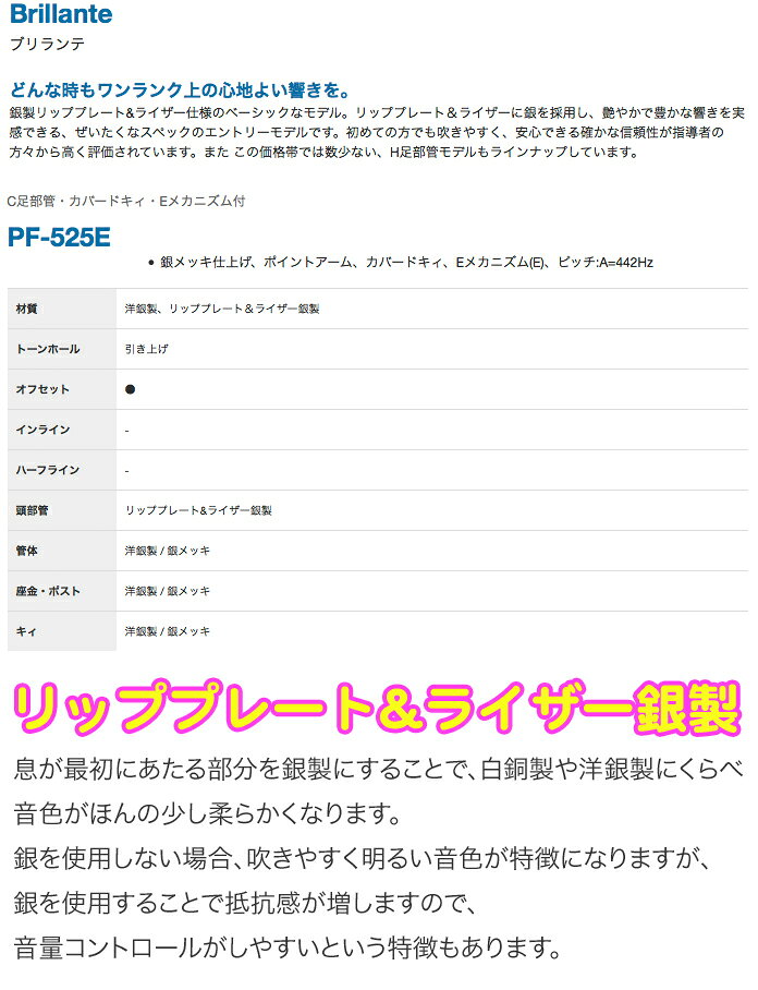 Pearl Flute パールフルート PF-525E フルート リッププレート ライザー 銀製 ブリ...